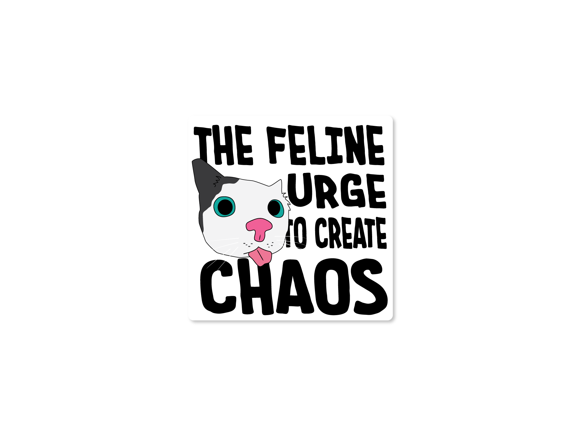 A square sticker or print with a cartoon cat face and bold black text reading “THE FELINE URGE TO CREATE CHAOS” on a white background.