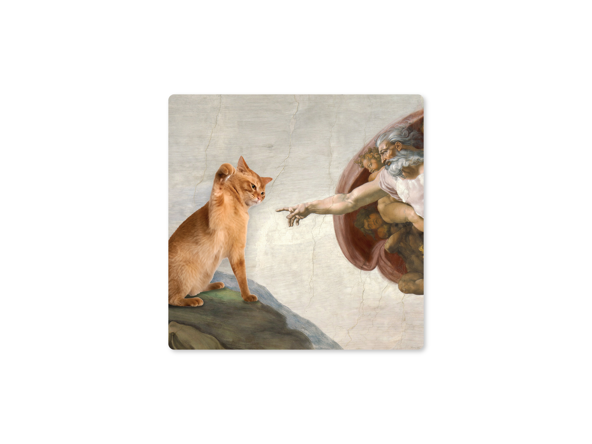 Square vinyl sticker featuring an orange cat in a classical art-inspired Creation of Adam scene with a reaching hand.
