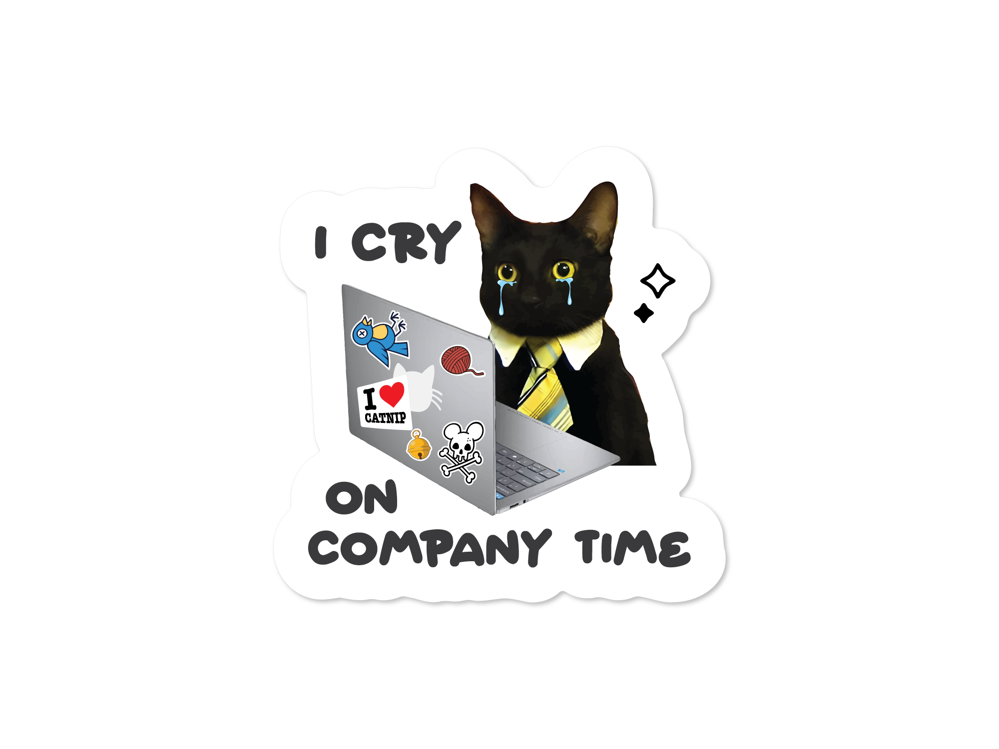 Black cat in a shirt and tie crying behind a laptop with the phrase “I cry on company time.”