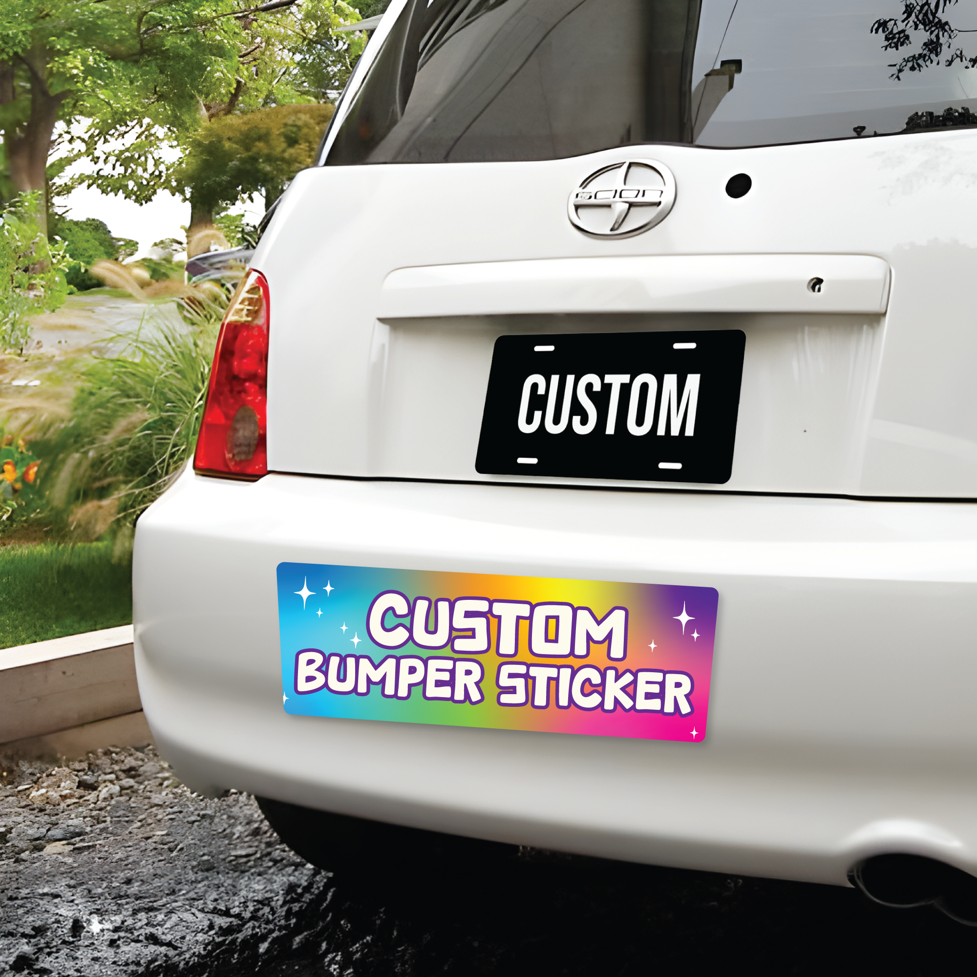Car with a custom bumper sticker and license plate in a natural setting