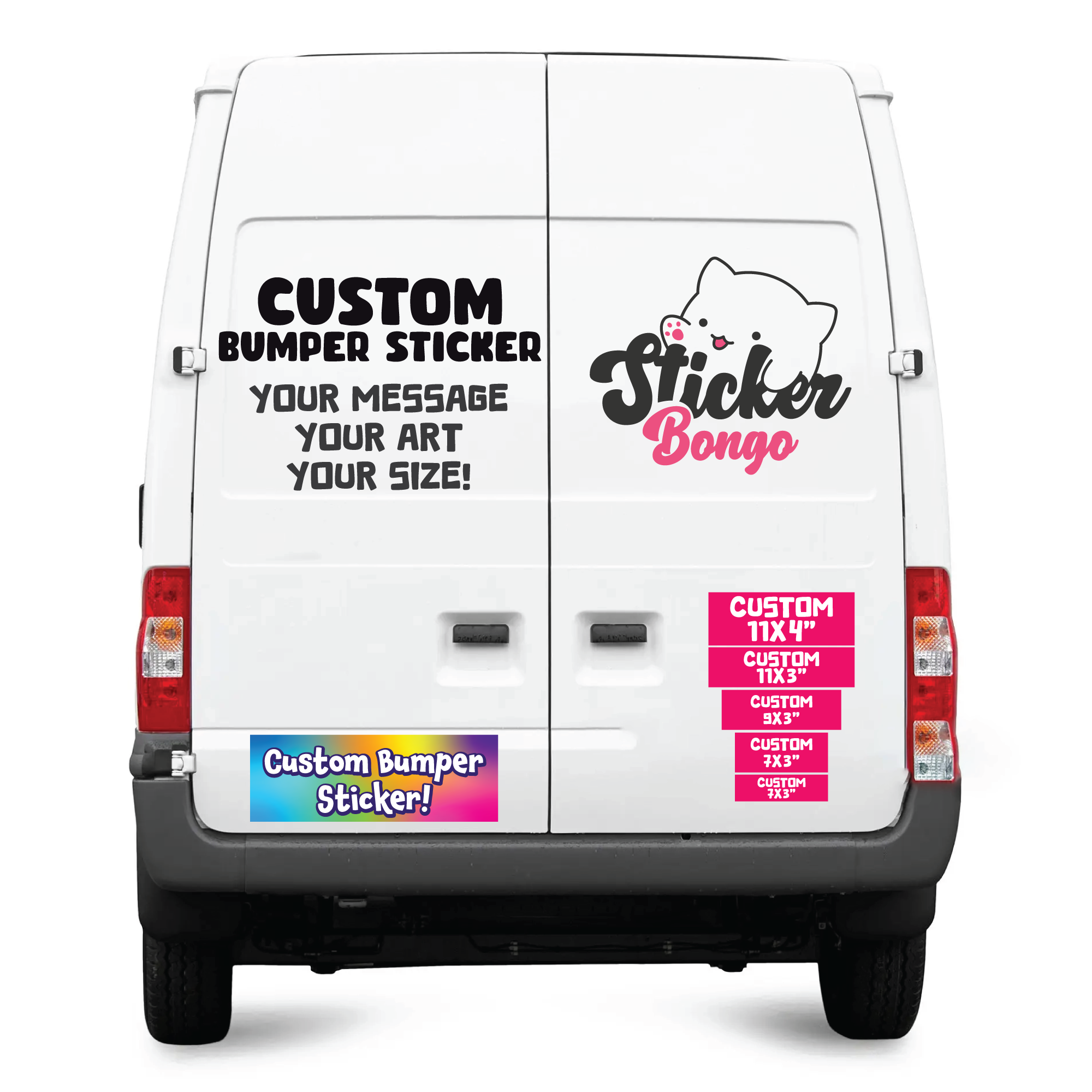 White van with various custom bumper sticker designs on a white background