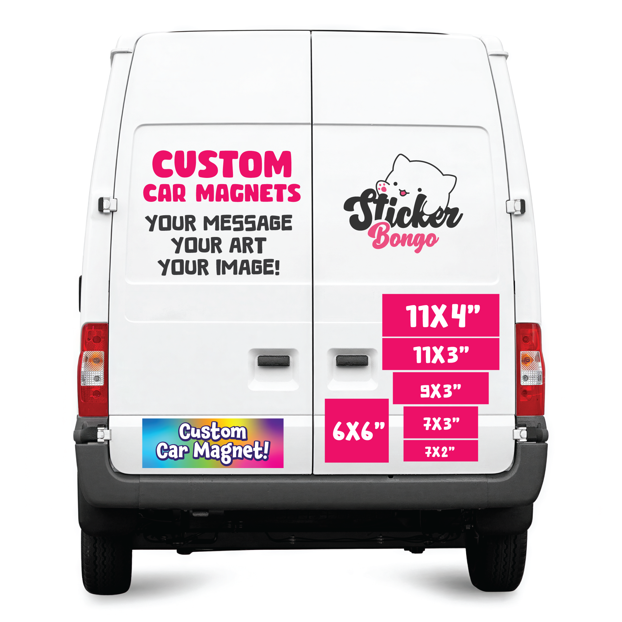 White van with custom car magnet advertisement on a white background
