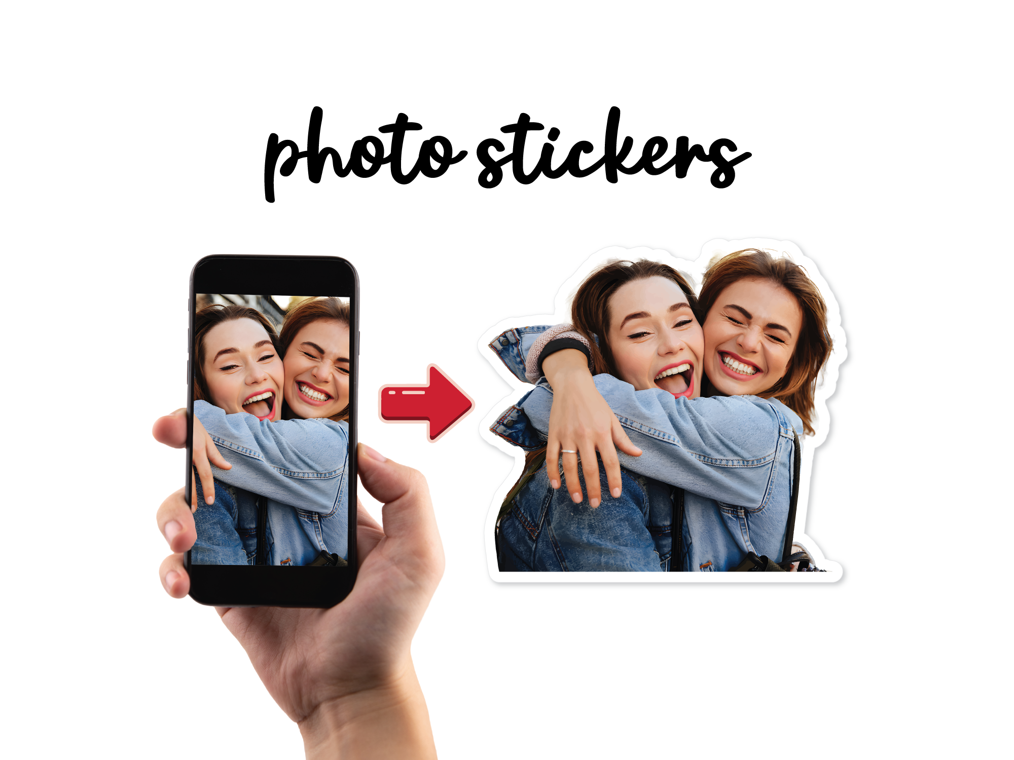 Hand holding a phone with a photo of two people hugging, showing how to create photo stickers.