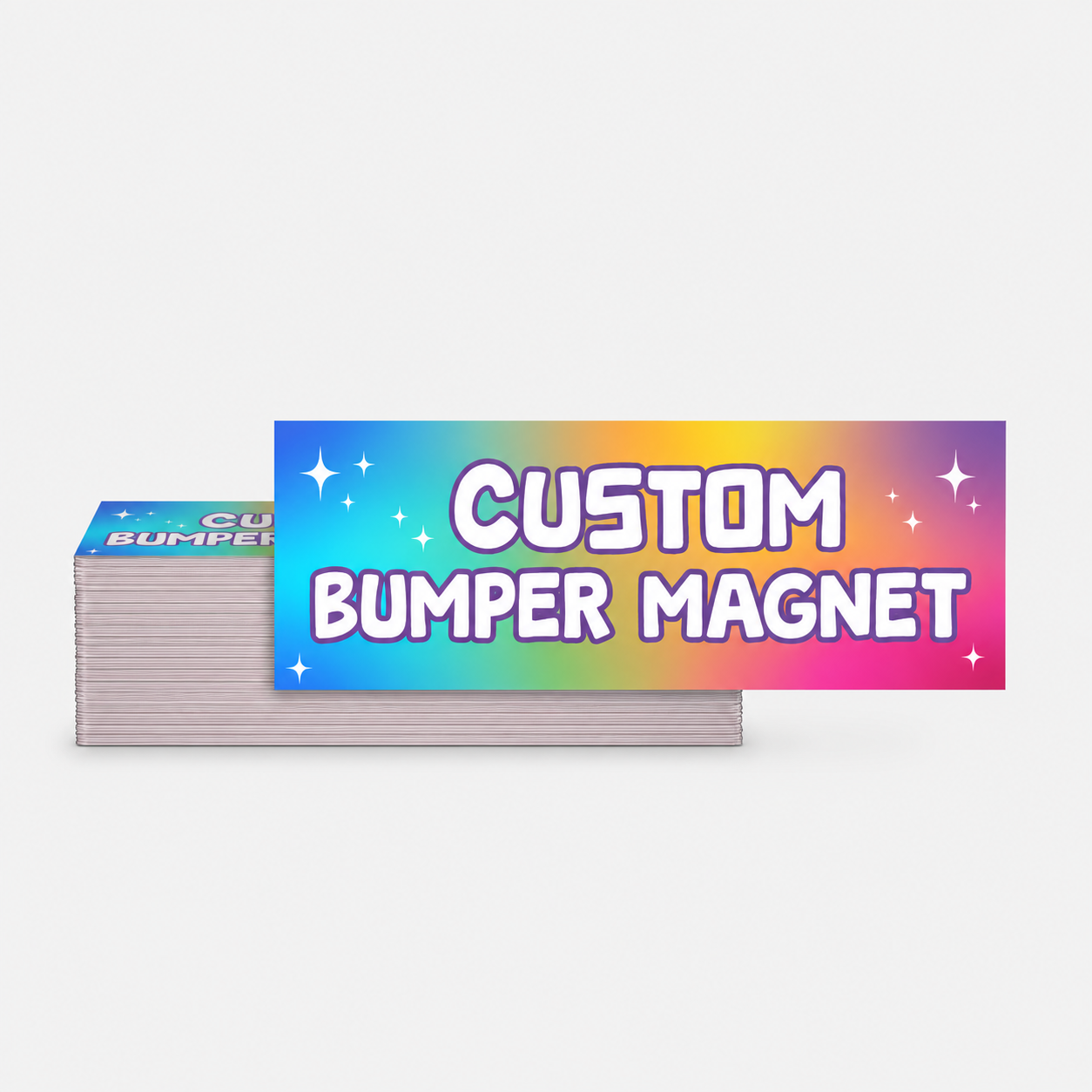 Stack of custom bumper magnets with a colorful label on a light gray background