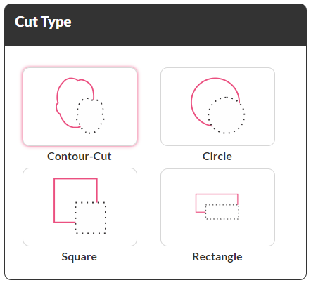 Illustrations of cut types including Contour-Cut, Circle, Square, and Rectangle on a white background.