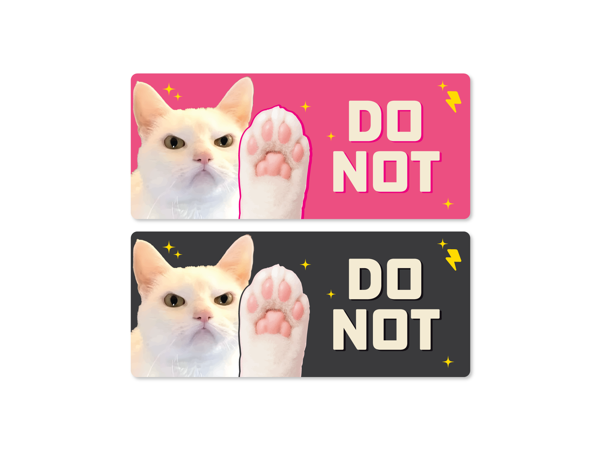 Two stickers with a cat's paw and text 'DO NOT' on pink and black backgrounds.