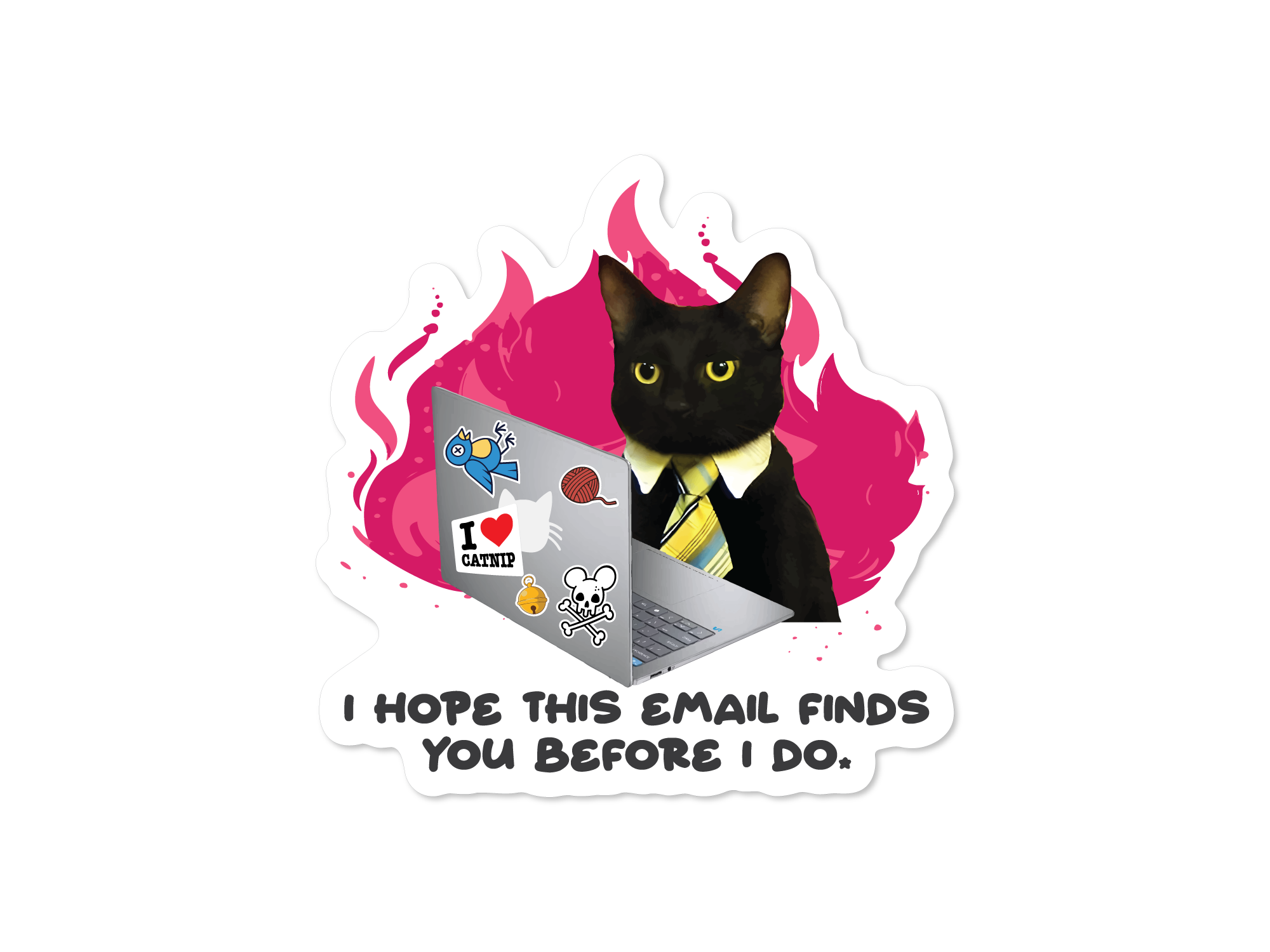Black cat in a shirt and tie sitting behind a laptop with pink flames and the phrase “I hope this email finds you before I do.”