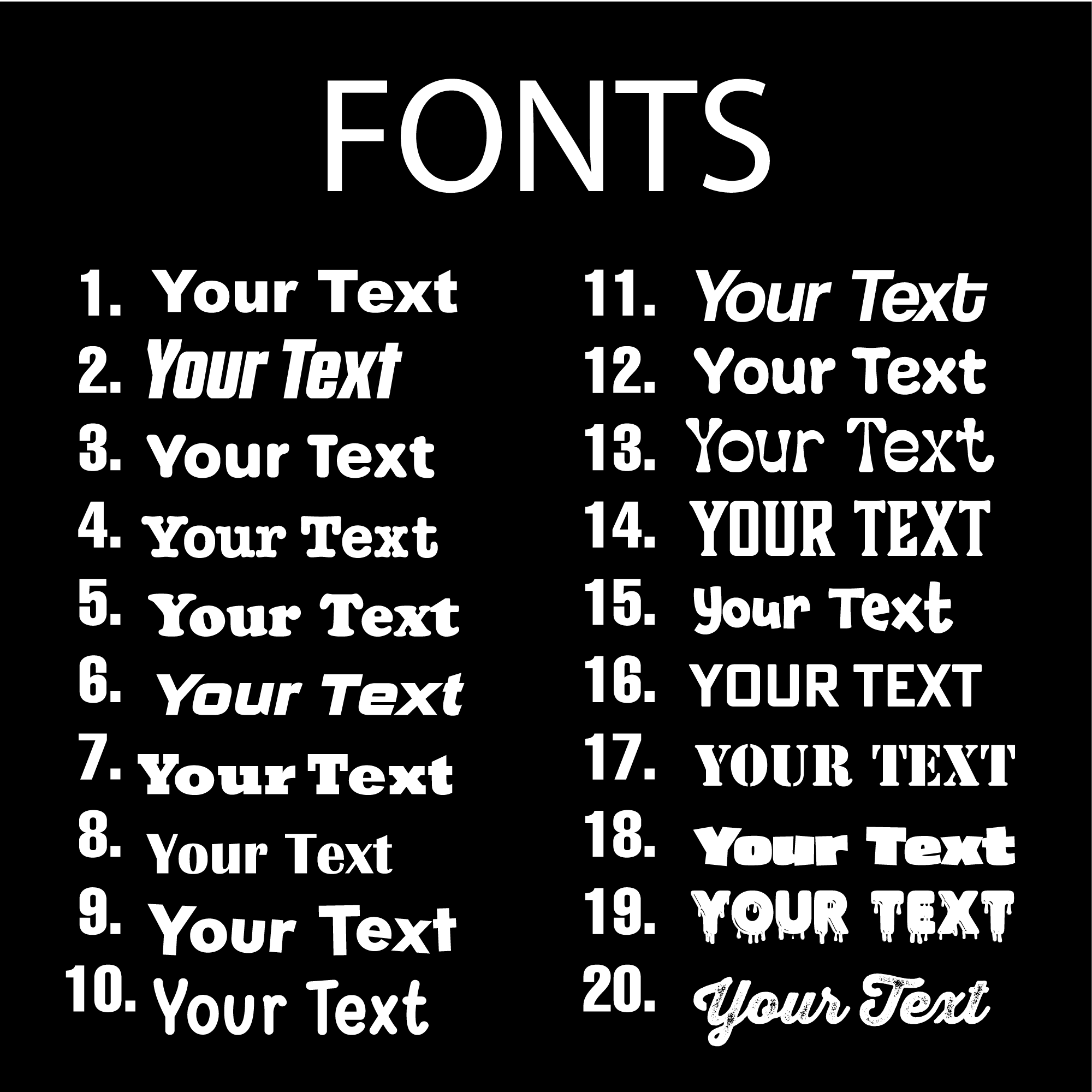 List of 20 text examples with various fonts on a black background