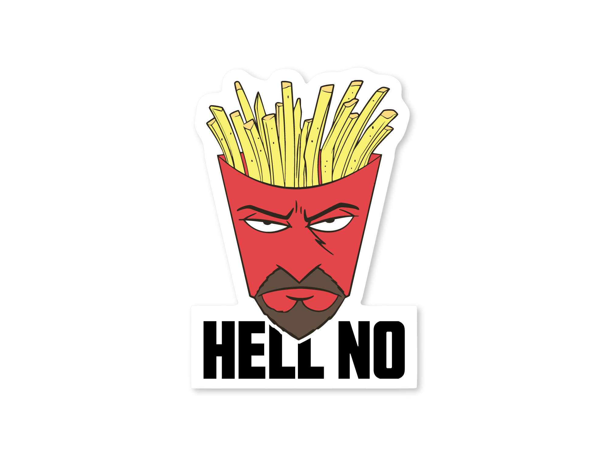 Sticker with a face made of fries and 'HELL NO' text on a white background