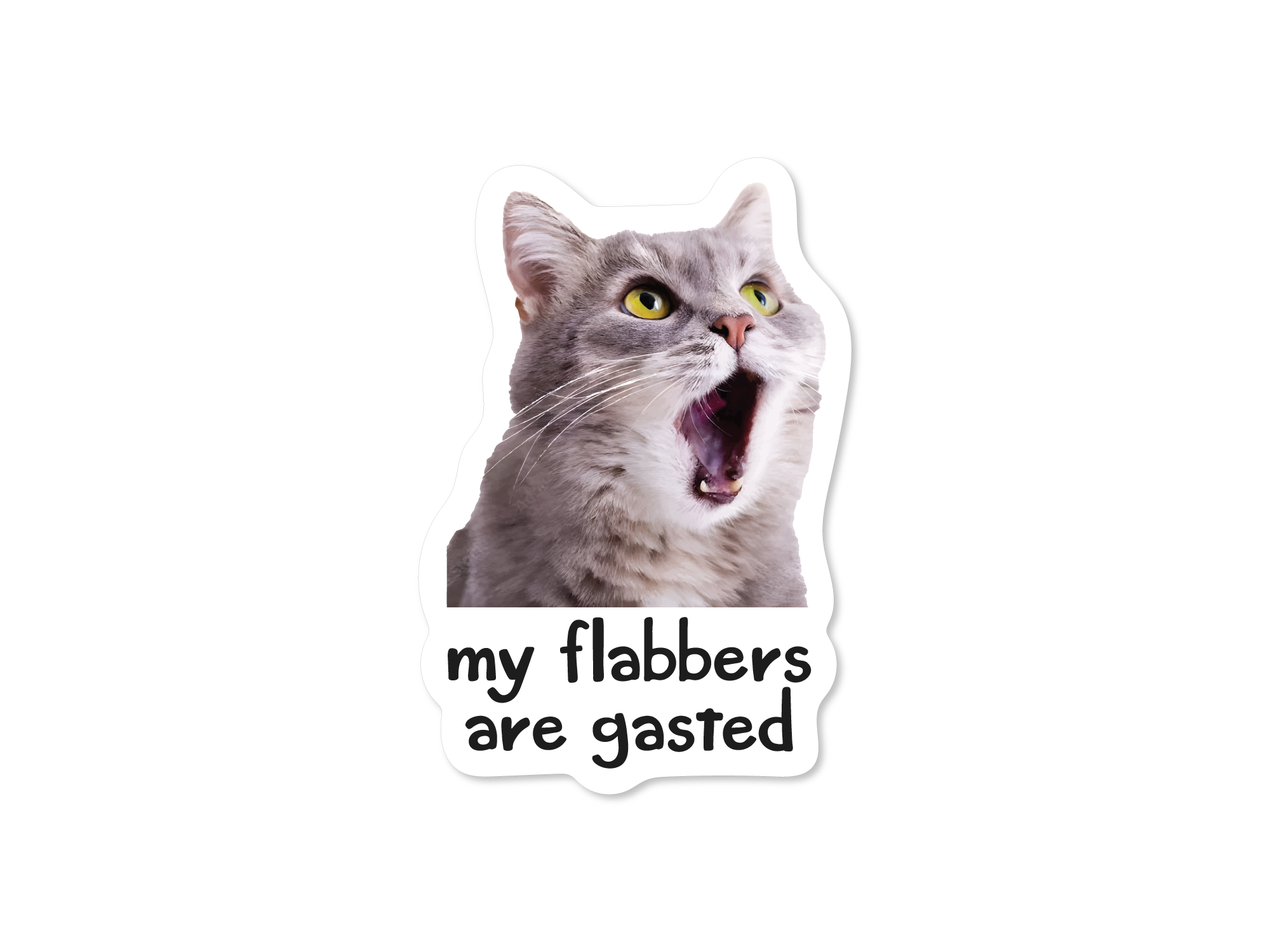 Die cut sticker featuring a shocked gray cat with its mouth open and the phrase “my flabbers are gasted.”
