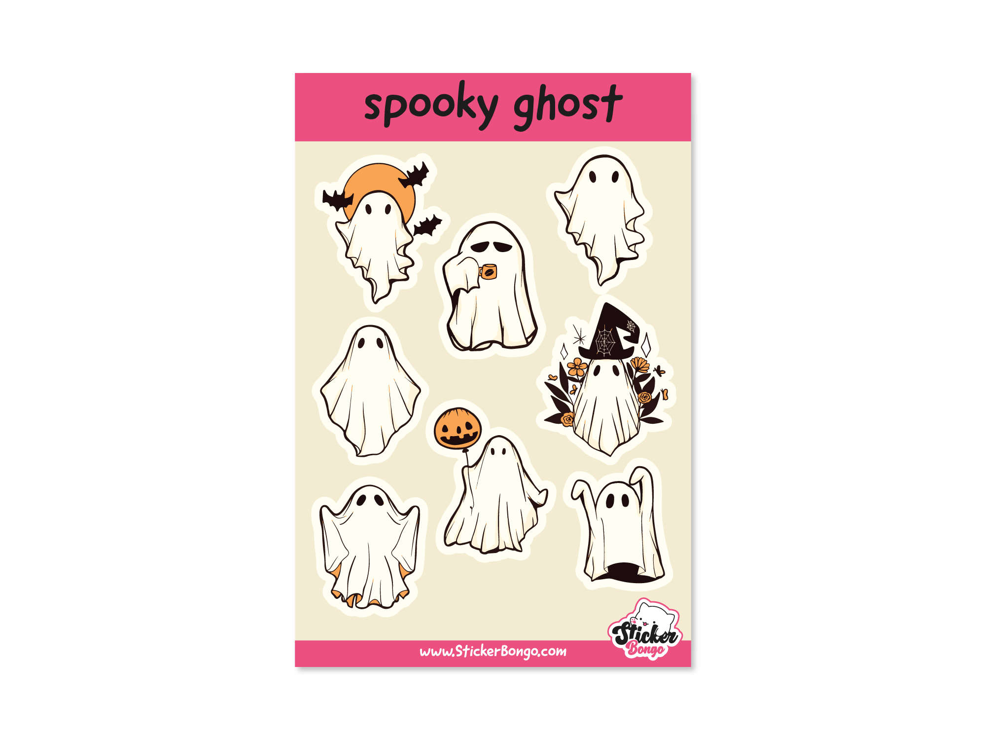 4x6 Halloween sticker sheet with cute ghost vinyl stickers featuring bats, pumpkins, sunglasses, flowers, and spooky sheet ghost designs.