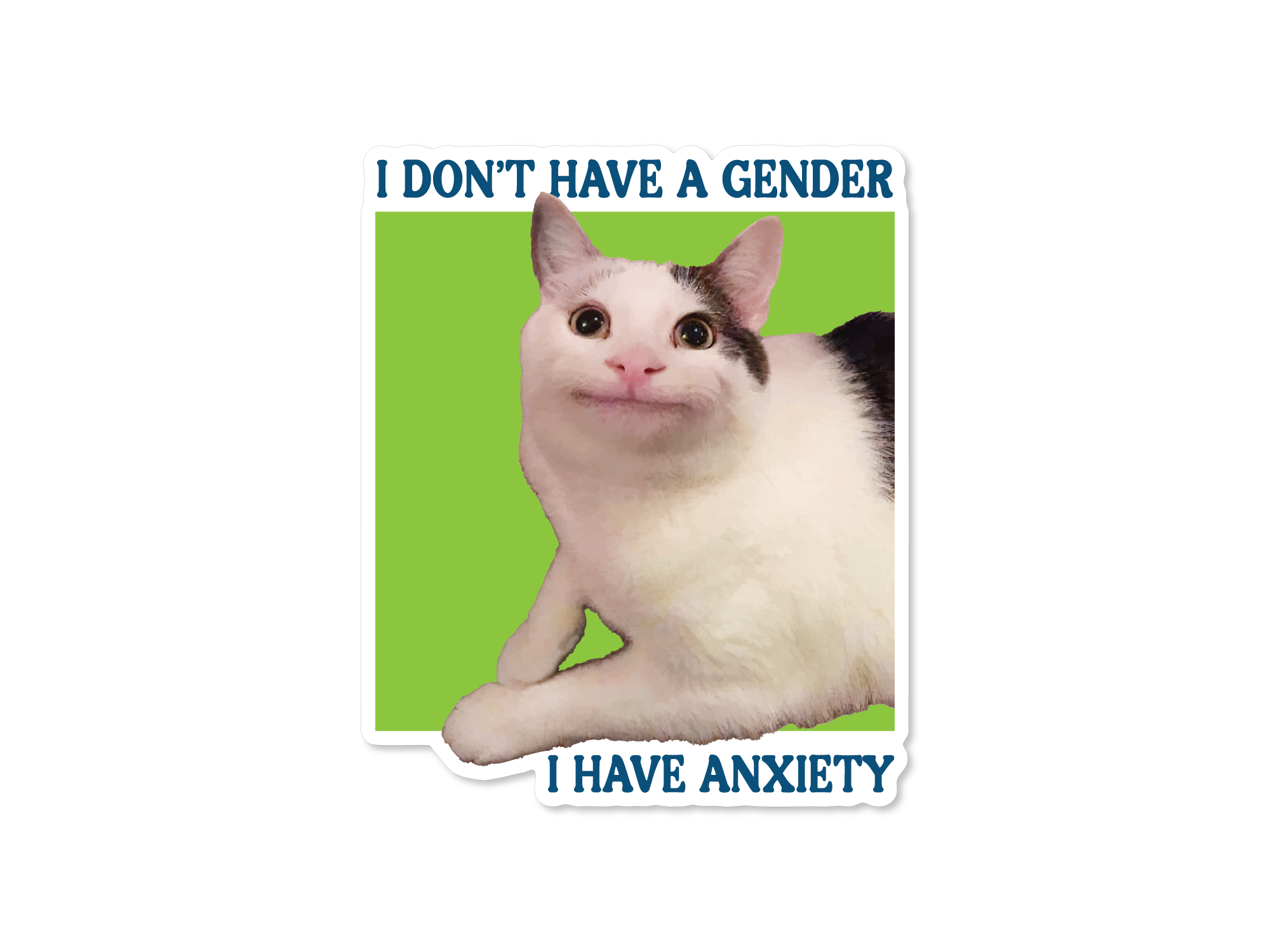 vinyl sticker featuring a wide-eyed white and gray cat with the phrase “I don’t have a gender, I have anxiety,”