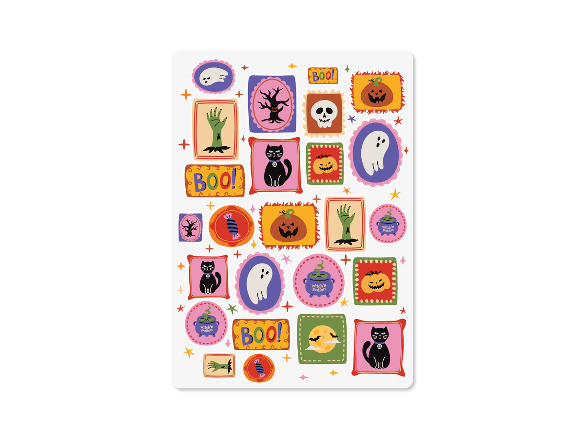 5x7 Halloween sticker sheet with 25 colorful spooky designs including ghosts, black cats, pumpkins, witch potion cauldrons, bats, candy, and zombie hands.