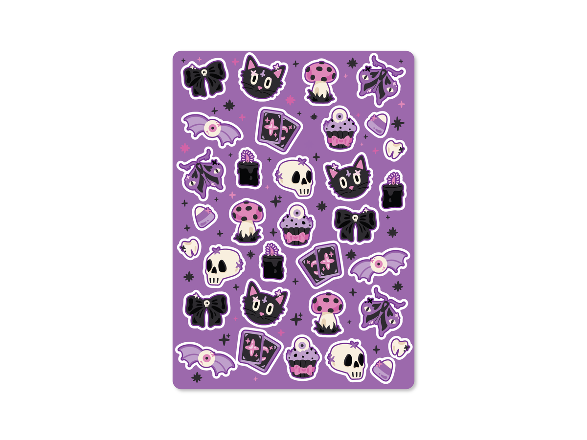 Purple 5x7 Halloween sticker sheet with 33 spooky designs including black cats, skulls, bats, mushrooms, candles, bows, cupcakes, cards, teeth, and candy corn.
