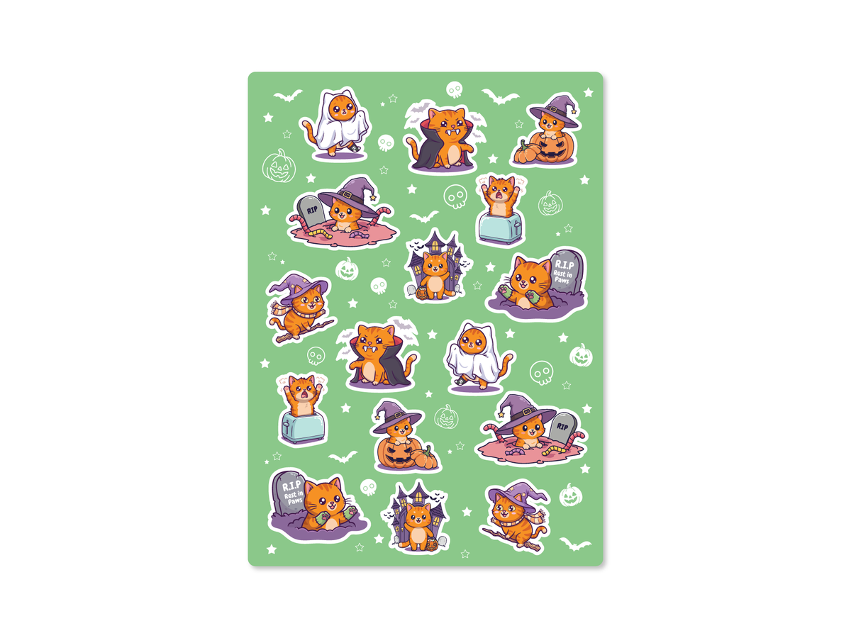 Green 5x7 Halloween sticker sheet with 16 orange kitty designs including ghost, witch, vampire, pumpkin, graveyard, haunted house, and toaster scenes.