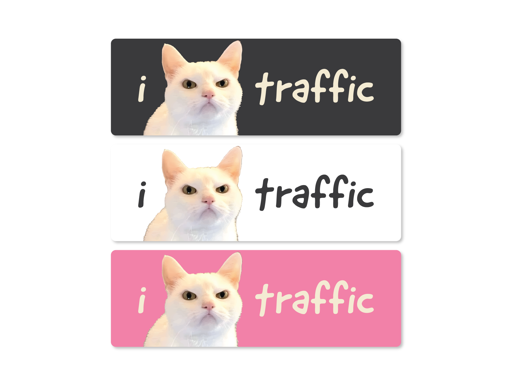 Three rectangular stickers featuring a cat with 'i 😾 traffic' text on a white background
