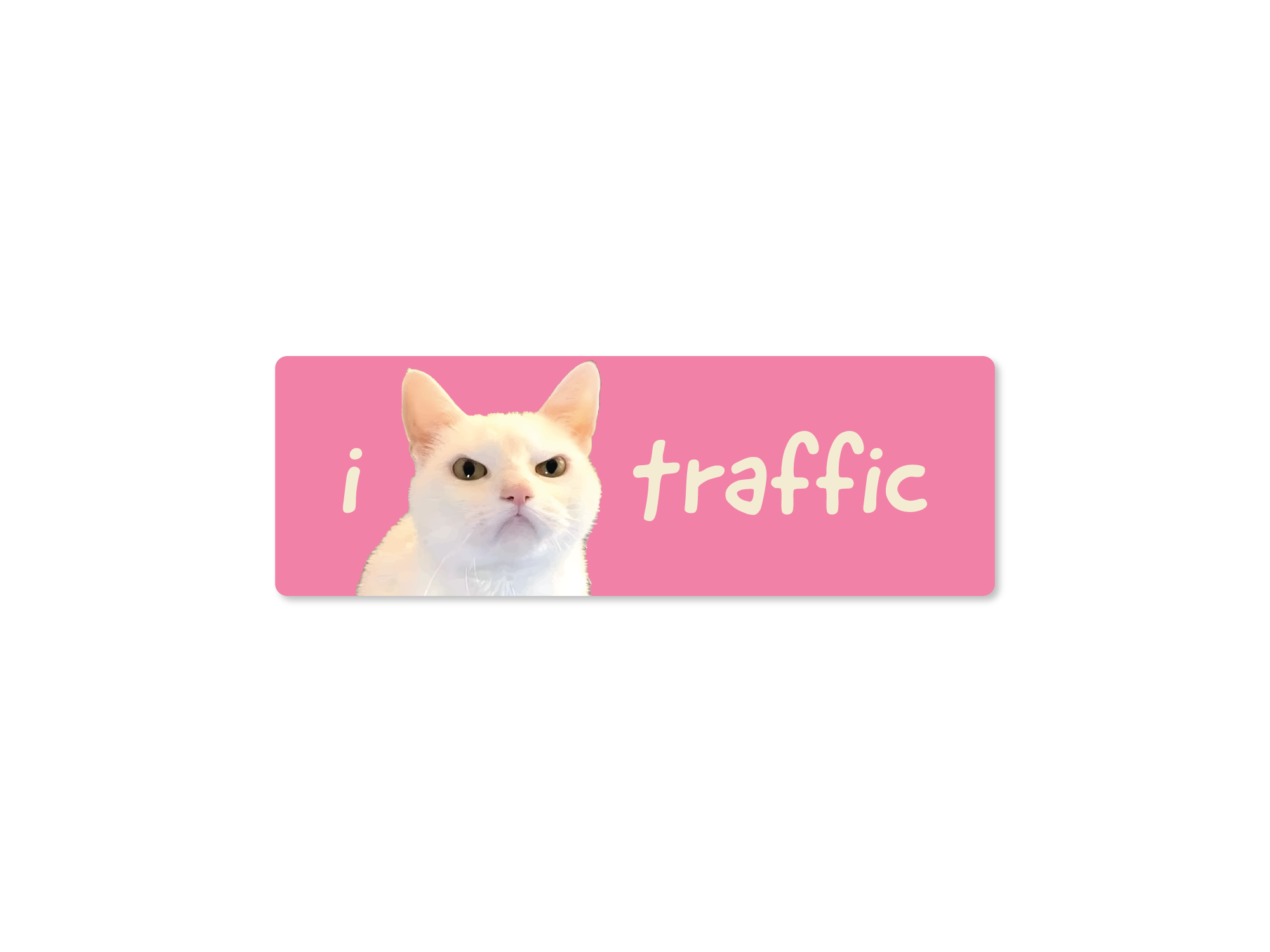 pink rectangular sticker featuring a cat with 'i 😾 traffic' text on a white background
