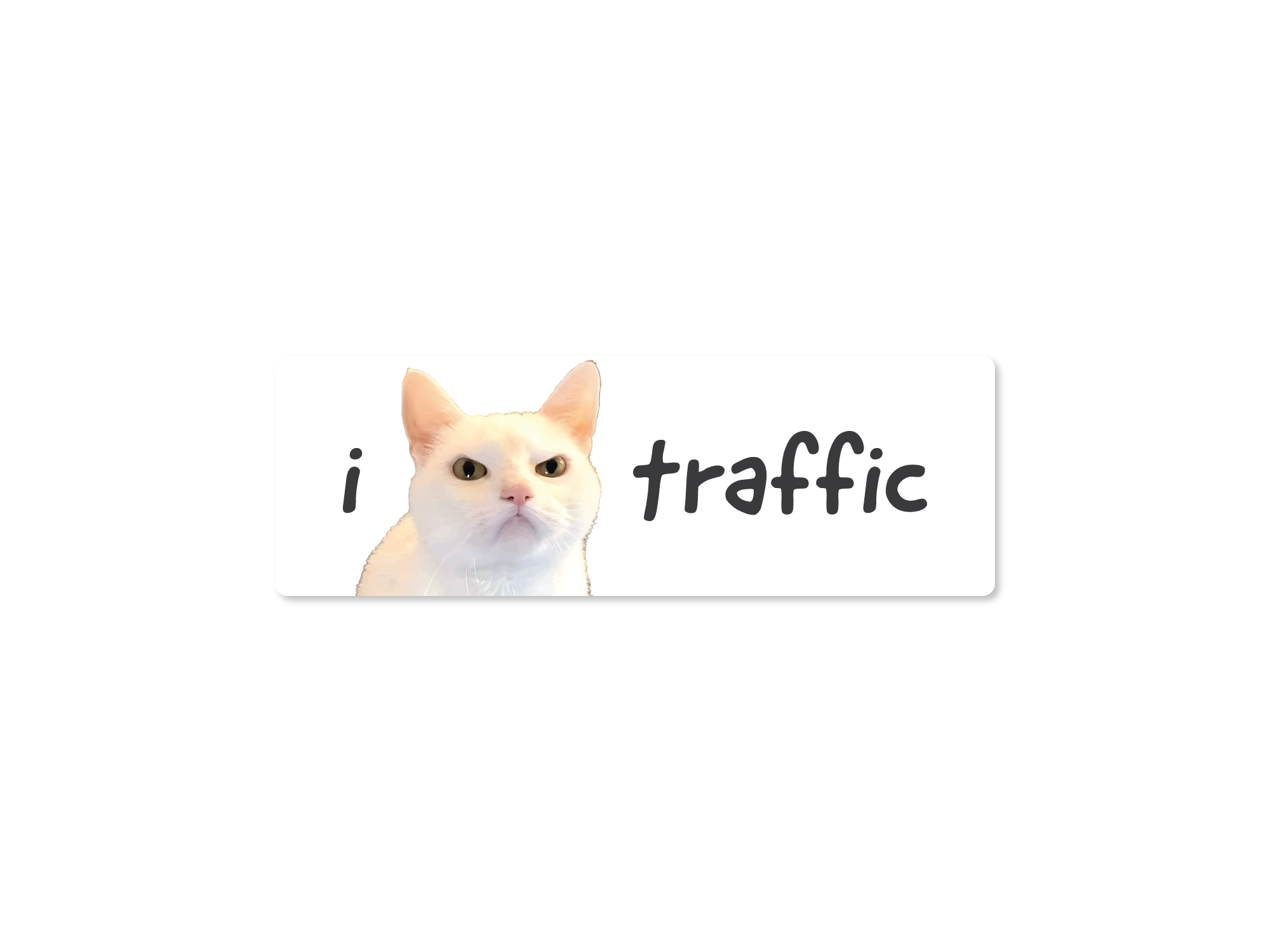 white rectangular sticker featuring a cat with 'i 😾 traffic' text on a white background