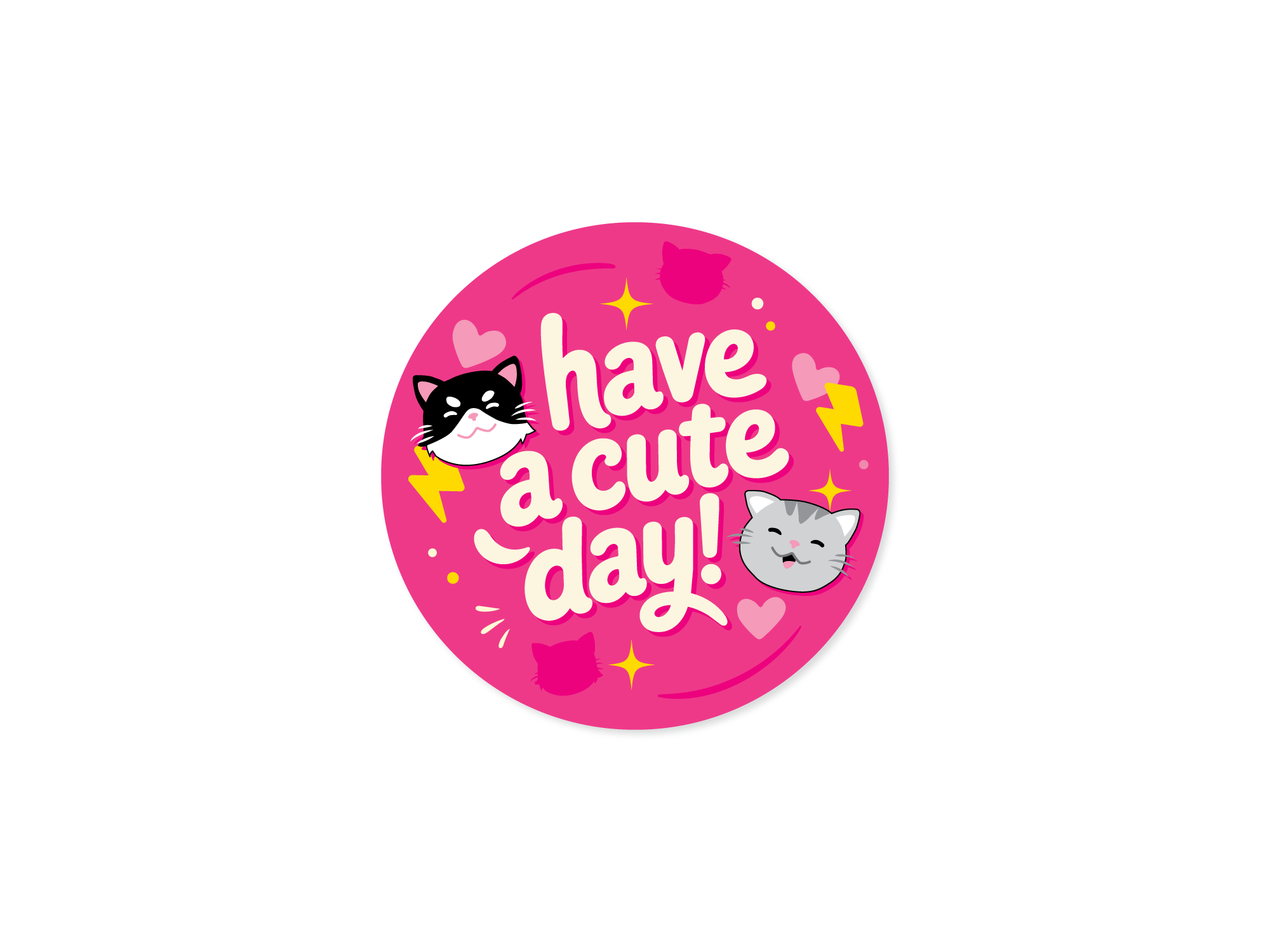 Pink sticker with cartoon cats and 'have a cute day!' text on a white background