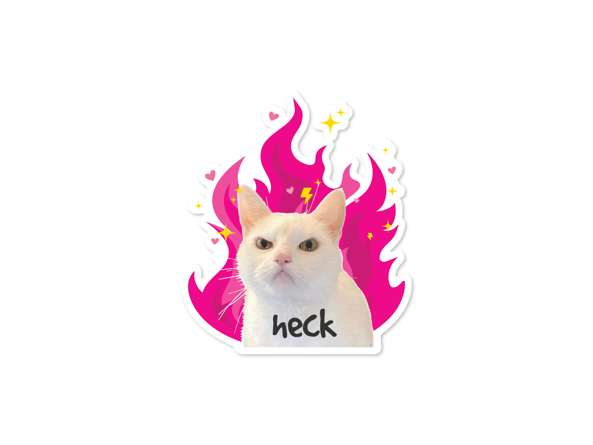 A die-cut sticker featuring a white cat with an angry expression, surrounded by bright pink flames and small yellow stars, with the word 'heck' printed below the cat.