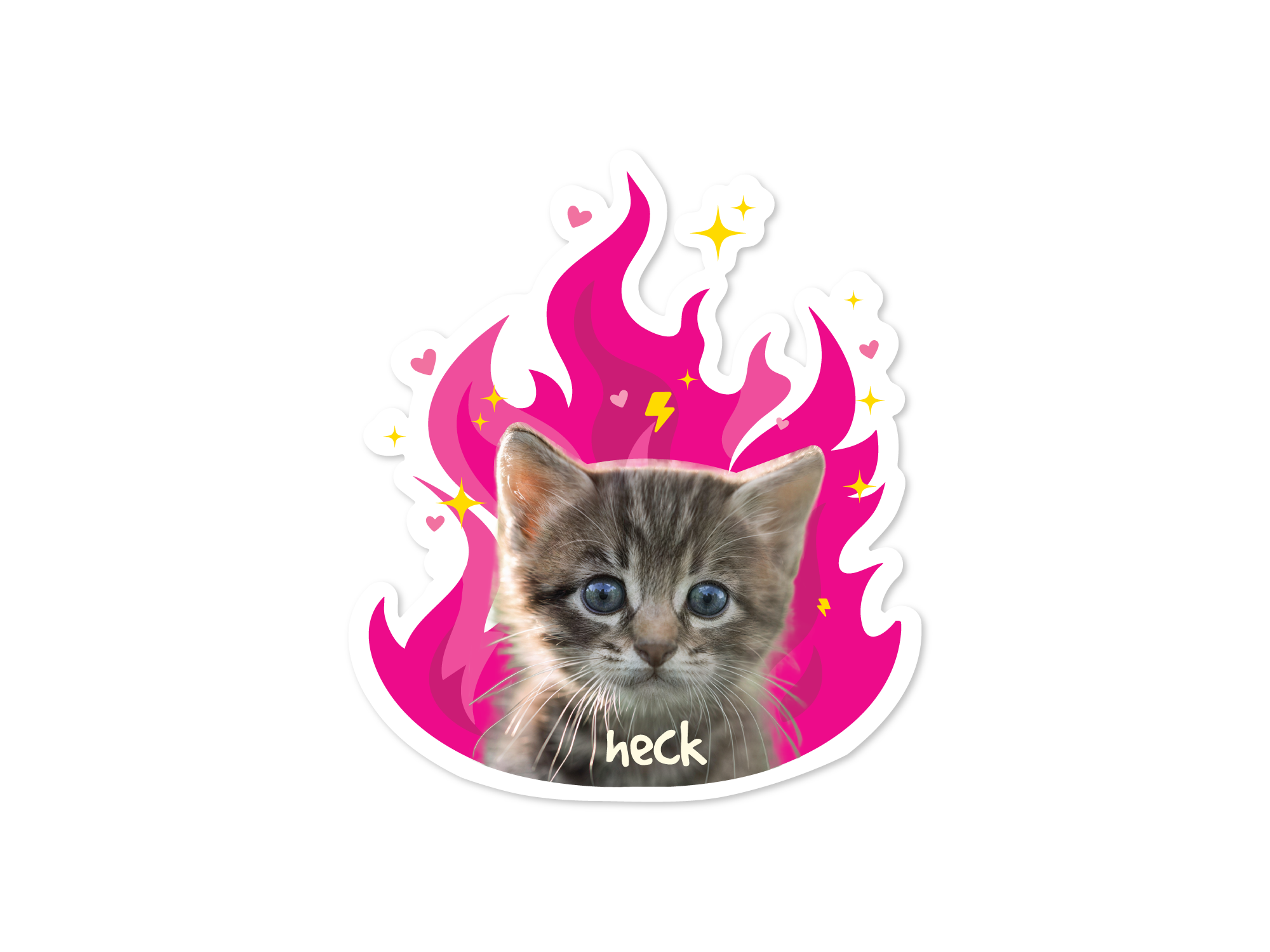 A die-cut sticker featuring a cute tabby kitten with blue eyes surrounded by bright pink stylized flames, small yellow stars, and hearts, with the word 'heck' in white script at the bottom.