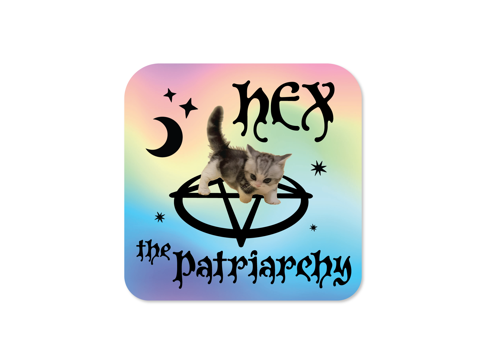 Sticker with a cat, pentagram, and text 'Hex the patriarchy' on a rainbow gradient background