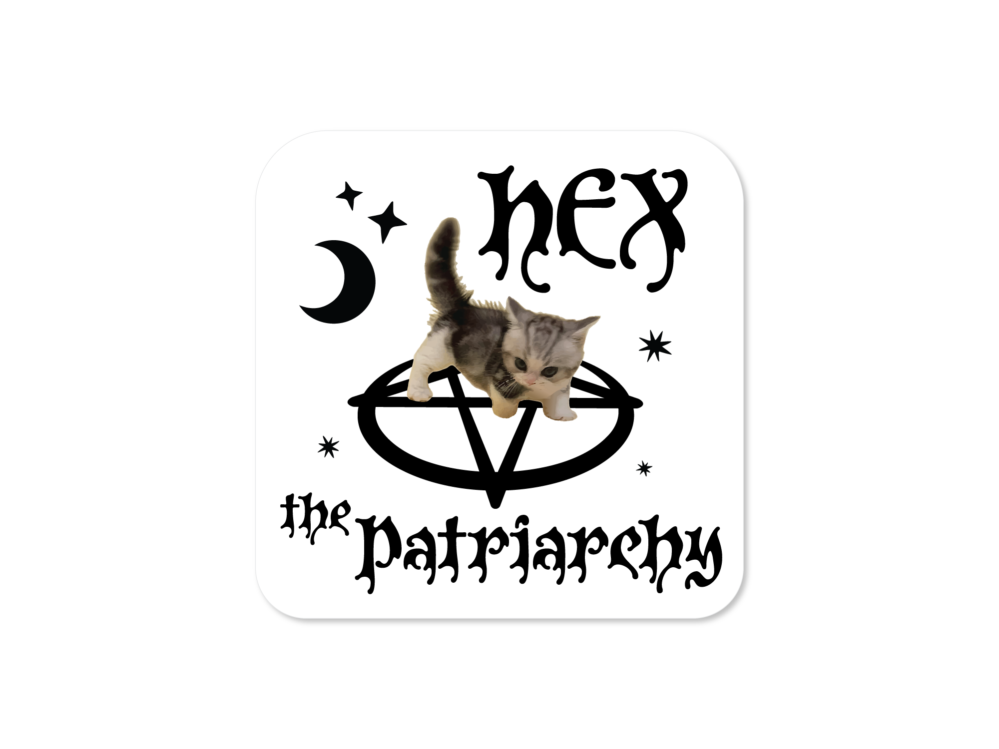 Sticker with a cat on a pentagram symbol and text 'Hex the patriarchy' on a white background