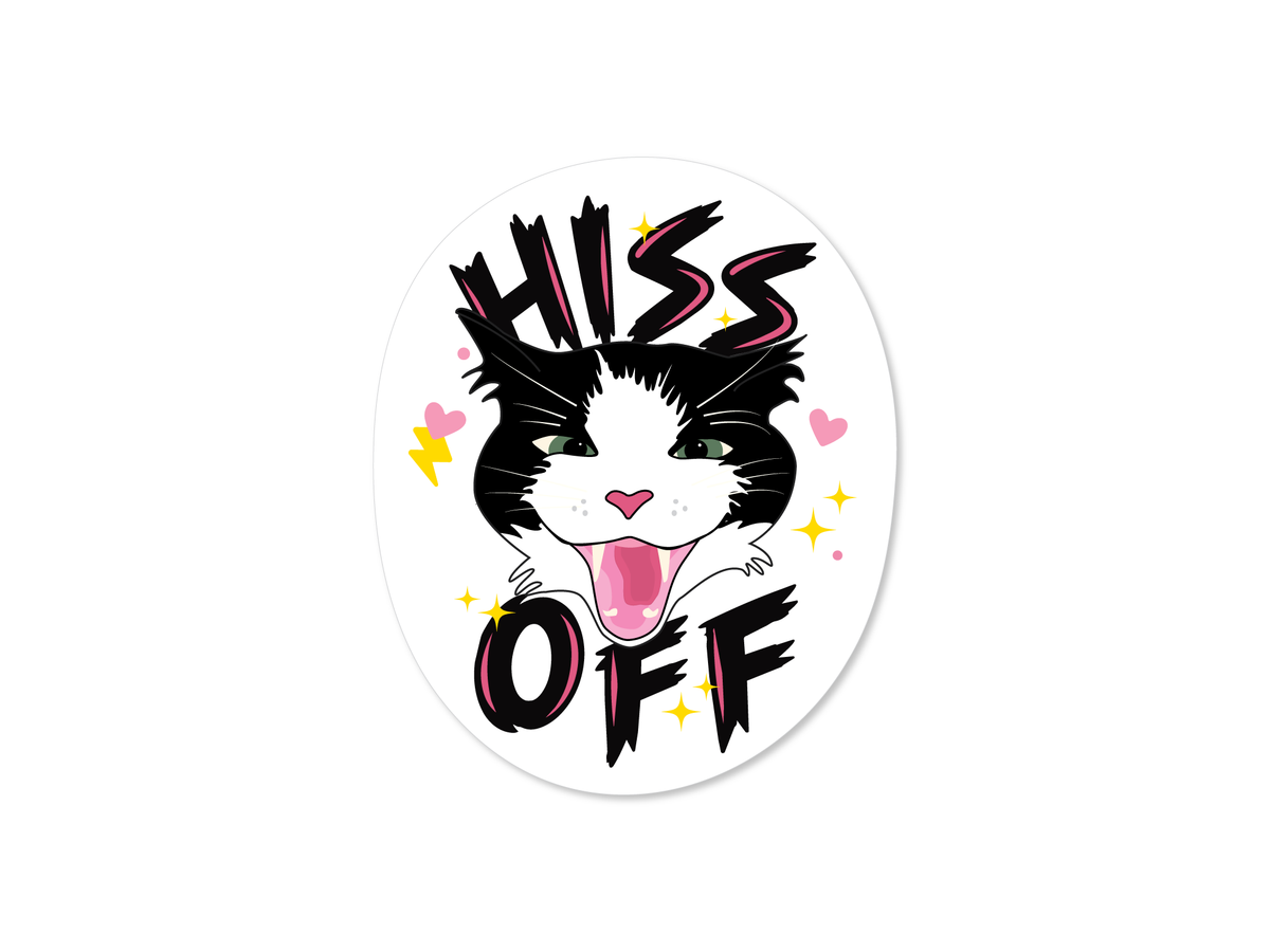 An oval sticker featuring a cartoon black-and-white cat with its tongue out and the words 'HISS OFF' in bold black lettering with pink and yellow accents, shown on a plain white background.
