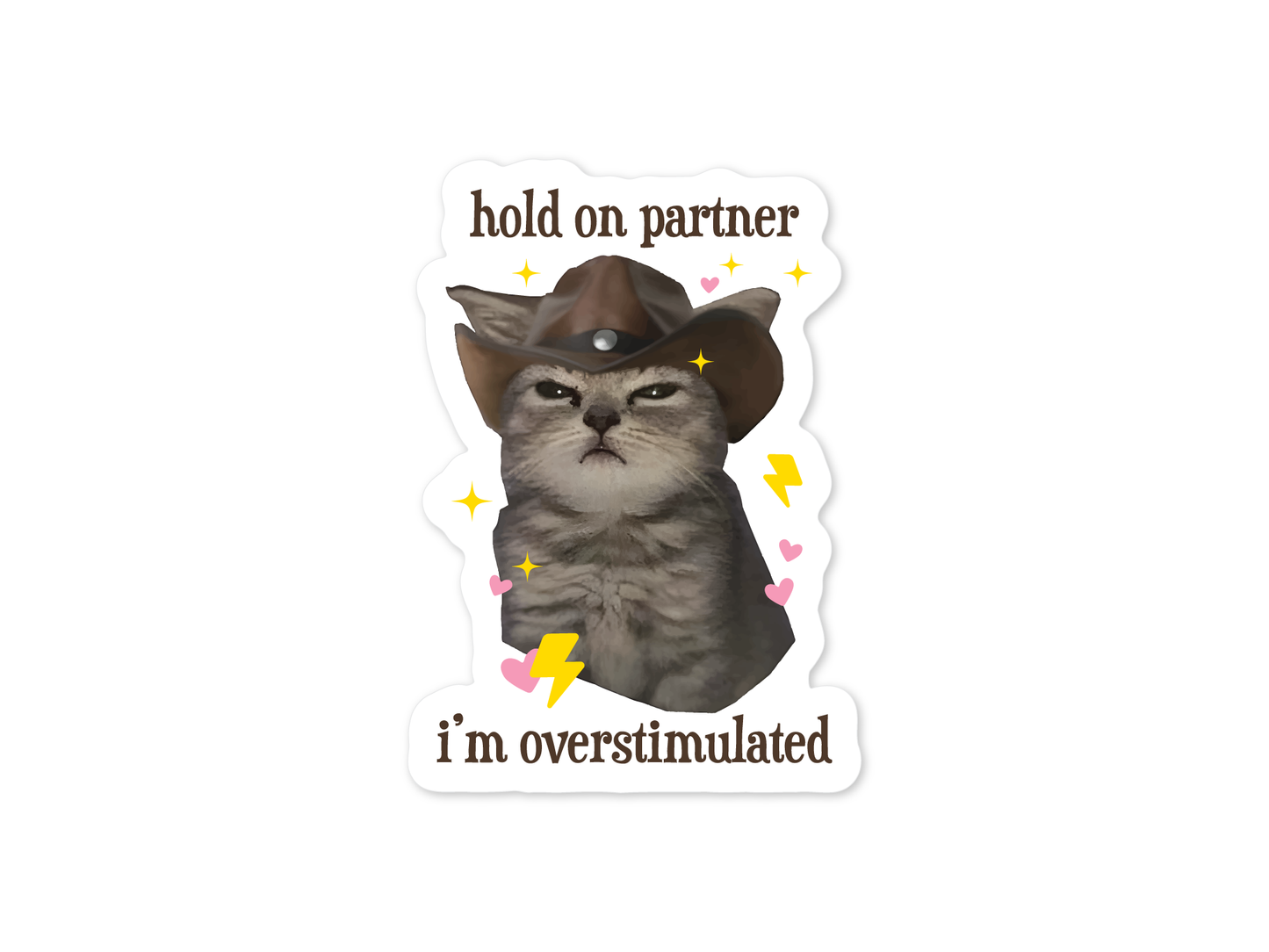 Hold On Partner I'm Overstimulated Cowboy Cat 3" Vinyl Sticker