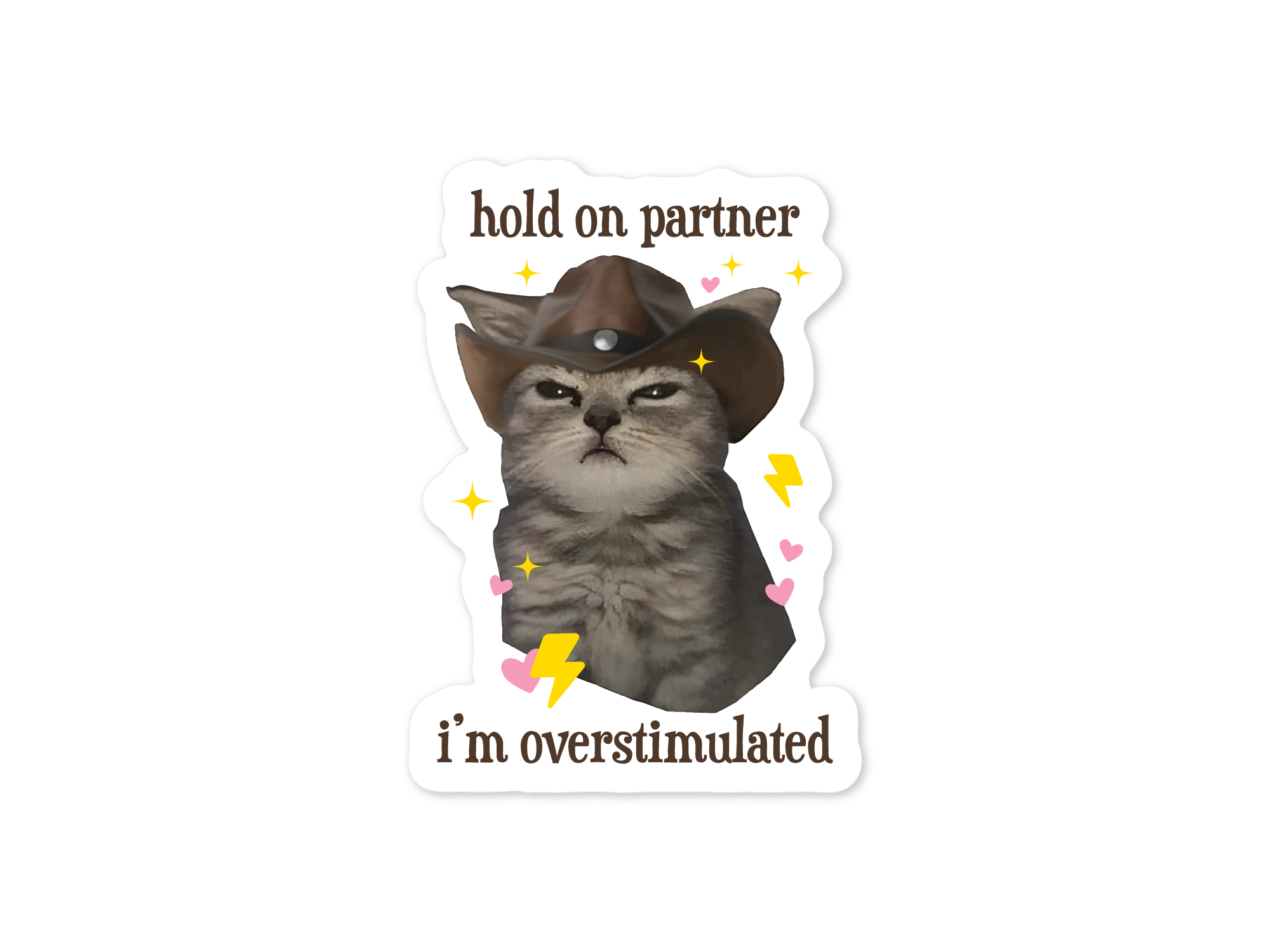 Sticker with a cat wearing a cowboy hat and text 'hold on partner, I'm overstimulated' on a white background