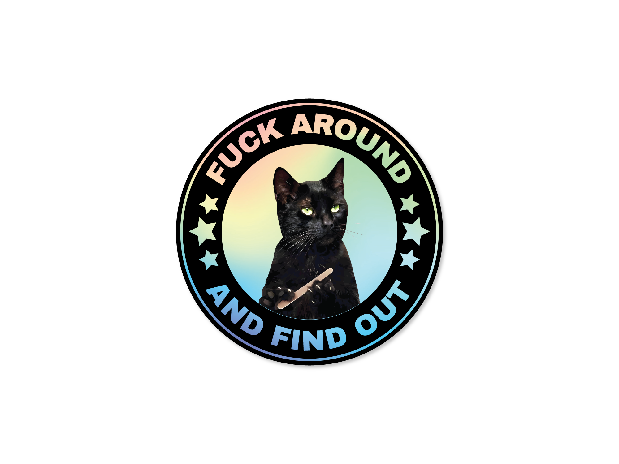A round vinyl sticker featuring a black cat with text 'FUCK AROUND AND FIND OUT' surrounded by stars, predominantly in black and white colors with a holographic star pattern in the background.