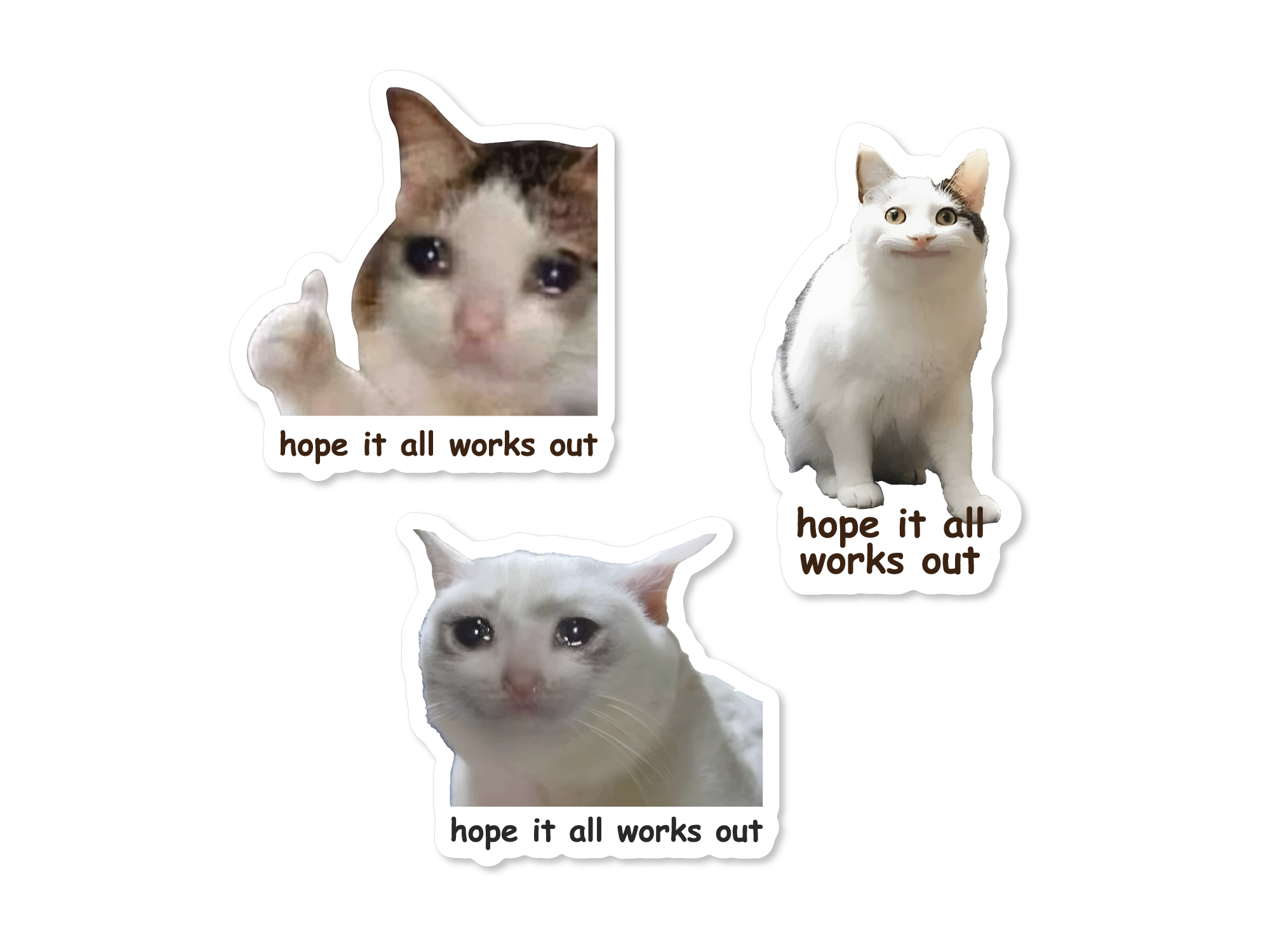 Three cat stickers with text 'hope it all works out' on a white background