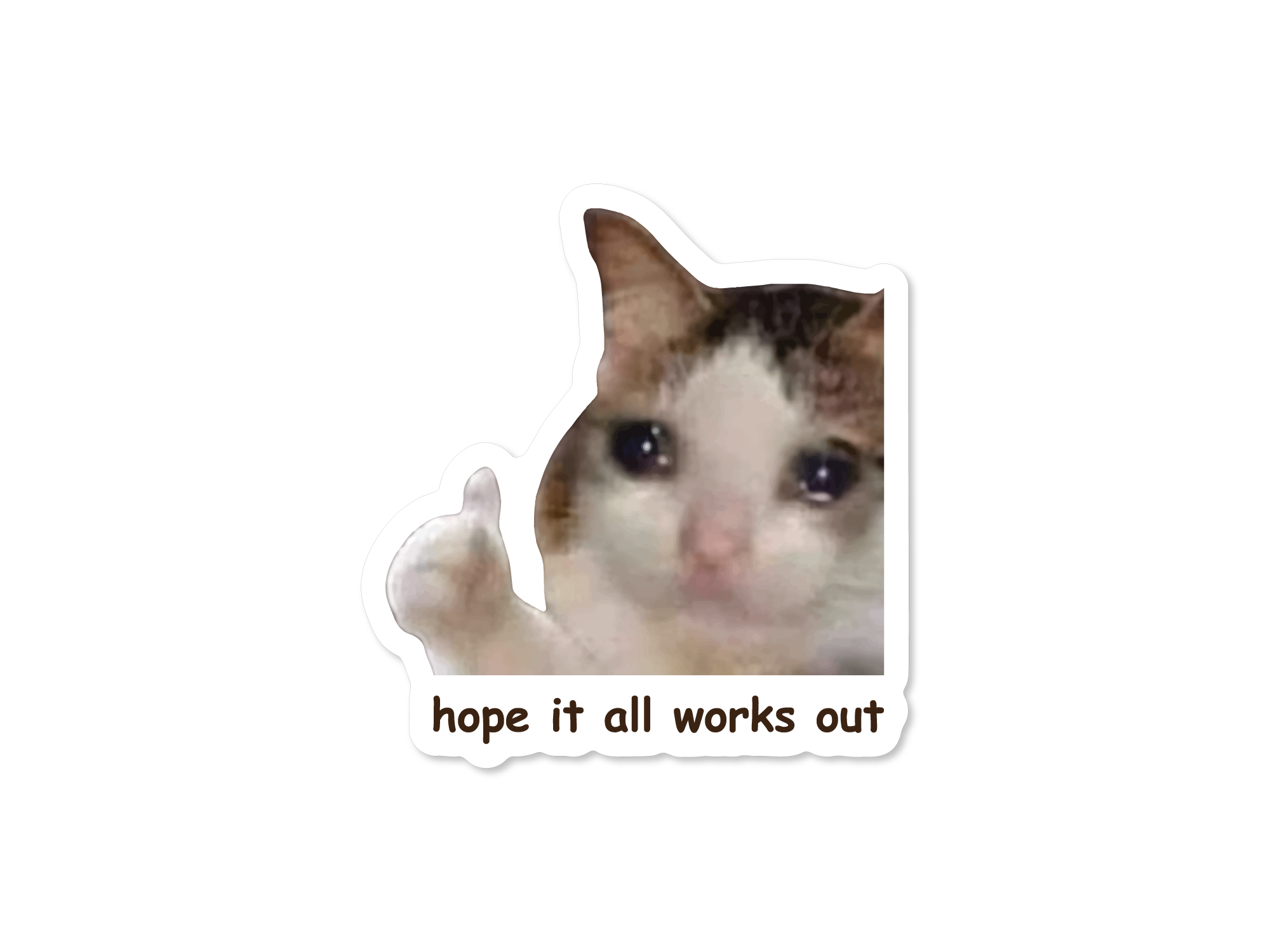 A set of three stickers featuring different cats with the text 'Hope it all works out' and variations of the phrase 'I hope it all works out' in a humorous and relatable context.
