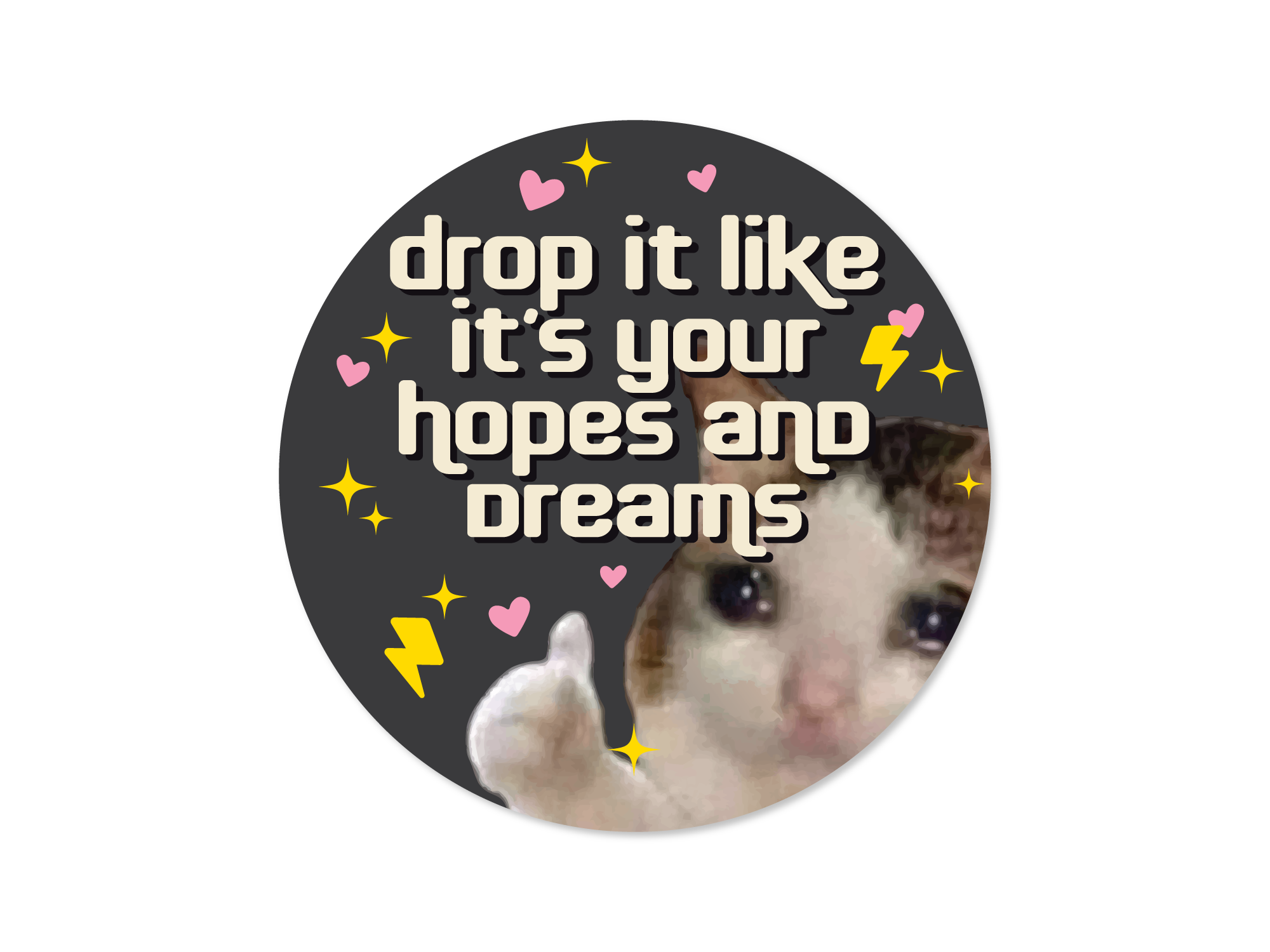 A round sticker with a demotivational phrase 'drop it like it's your hopes and dreams' featuring a sad cat giving a thumbs-up surrounded by sparkles, lightning bolts, and hearts.
