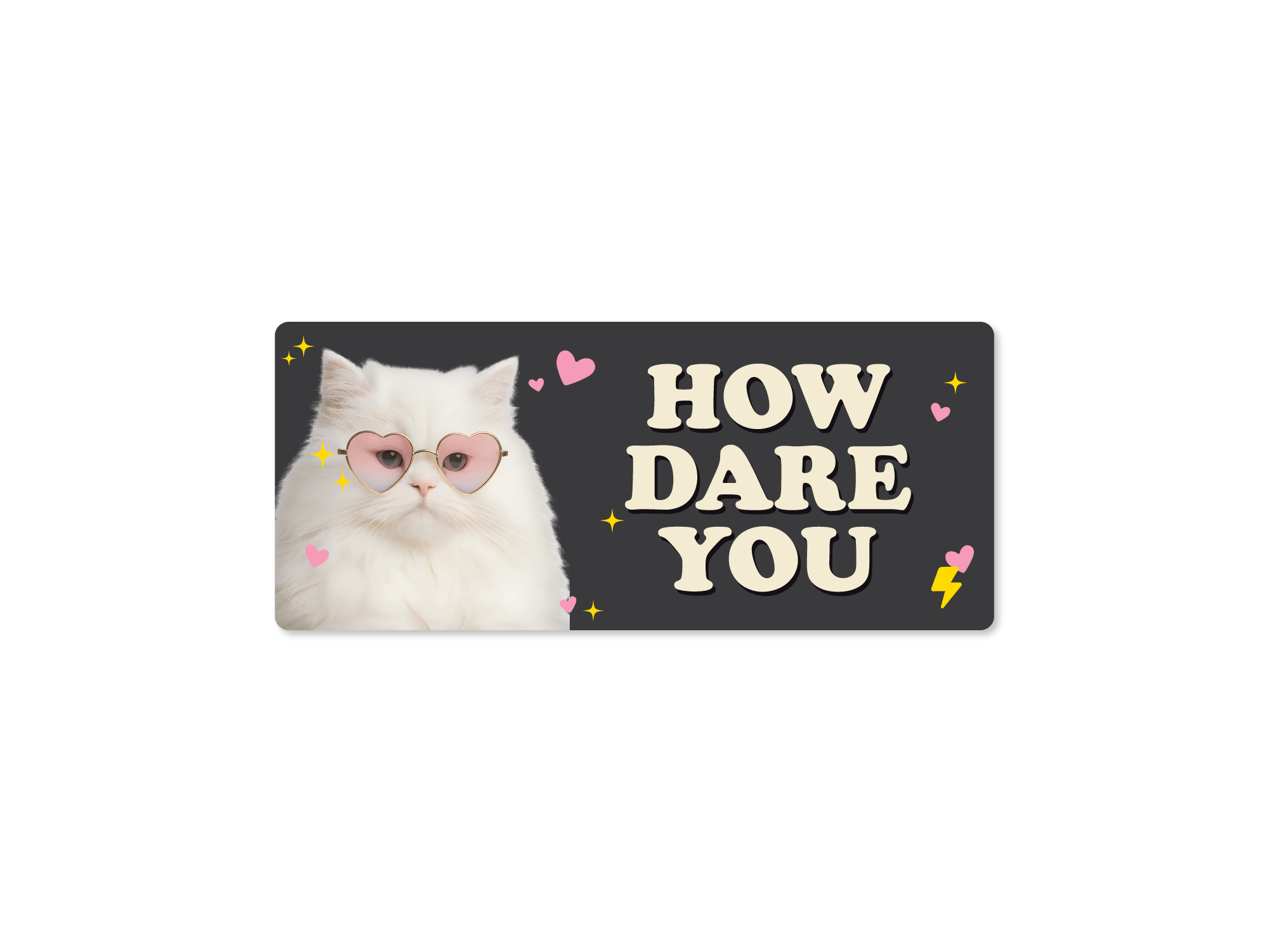 Card with a cat wearing glasses and 'HOW DARE YOU' text on a black background