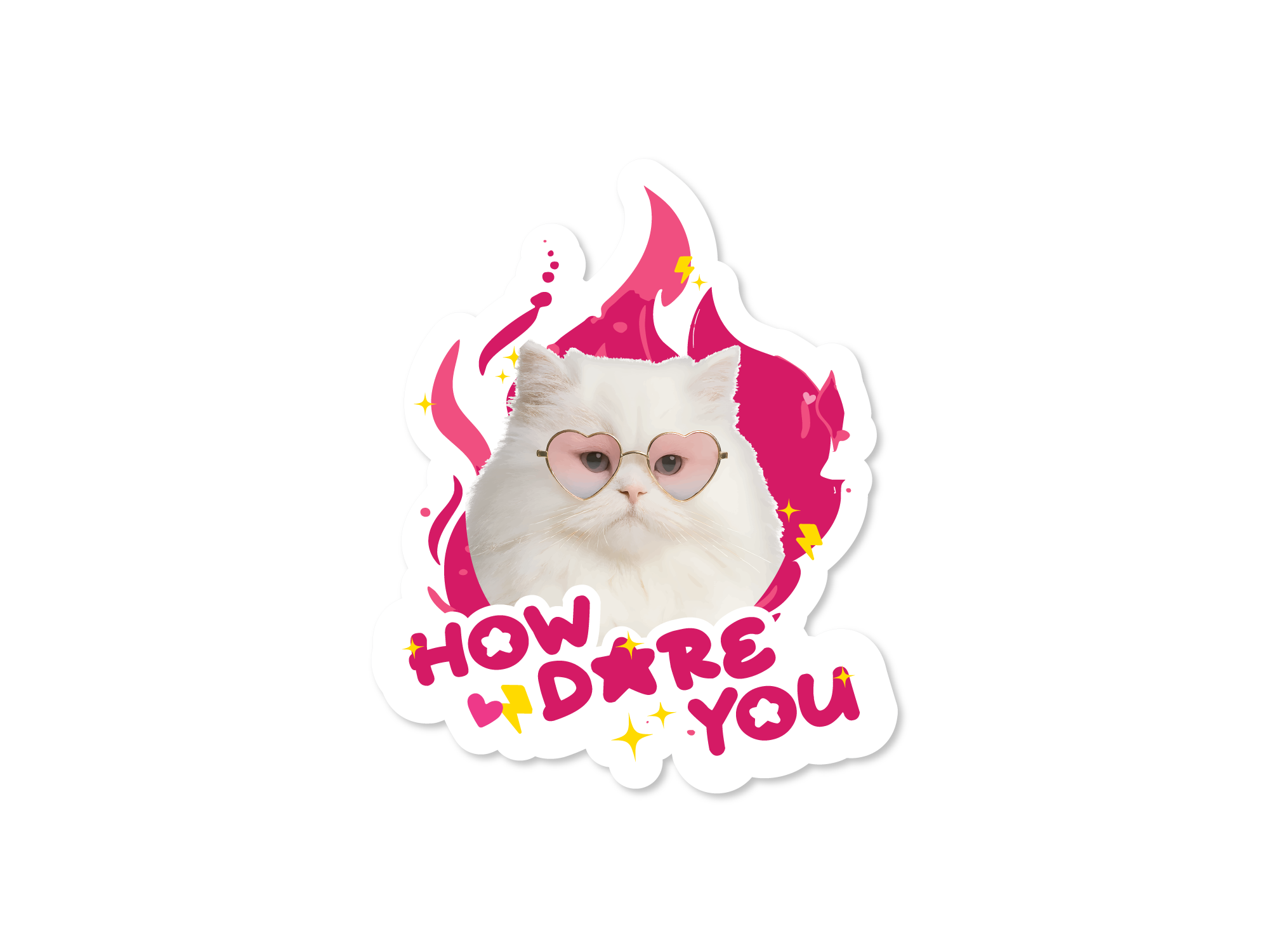 Sticker with a cat wearing heart-shaped glasses and flames, with 'How Dare You' text on a white background.