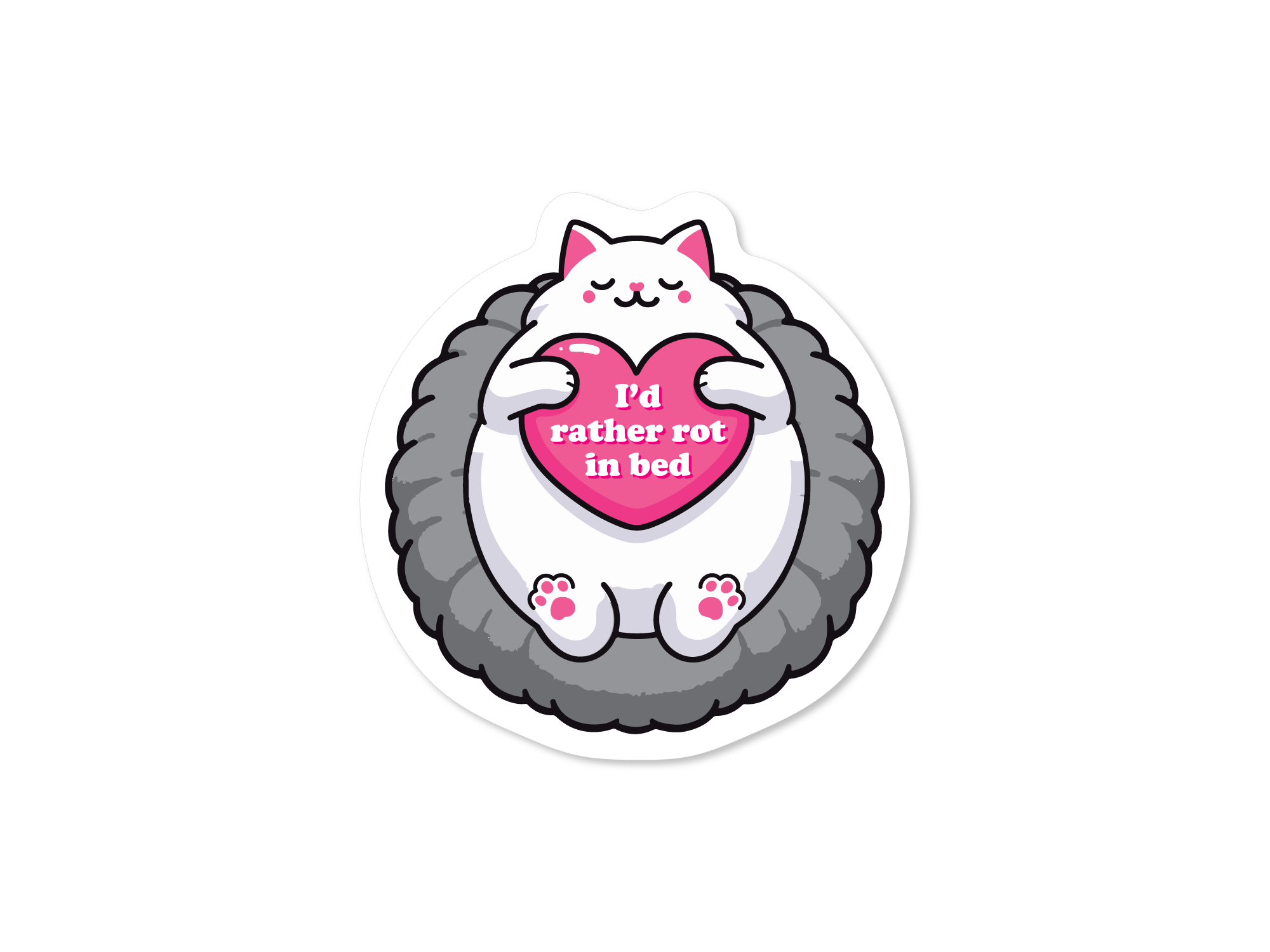 round cozy cat vinyl stickers featuring a cat curled in a fluffy bed holding a pink heart, with  “I’d Rather Rot in Bed.”
