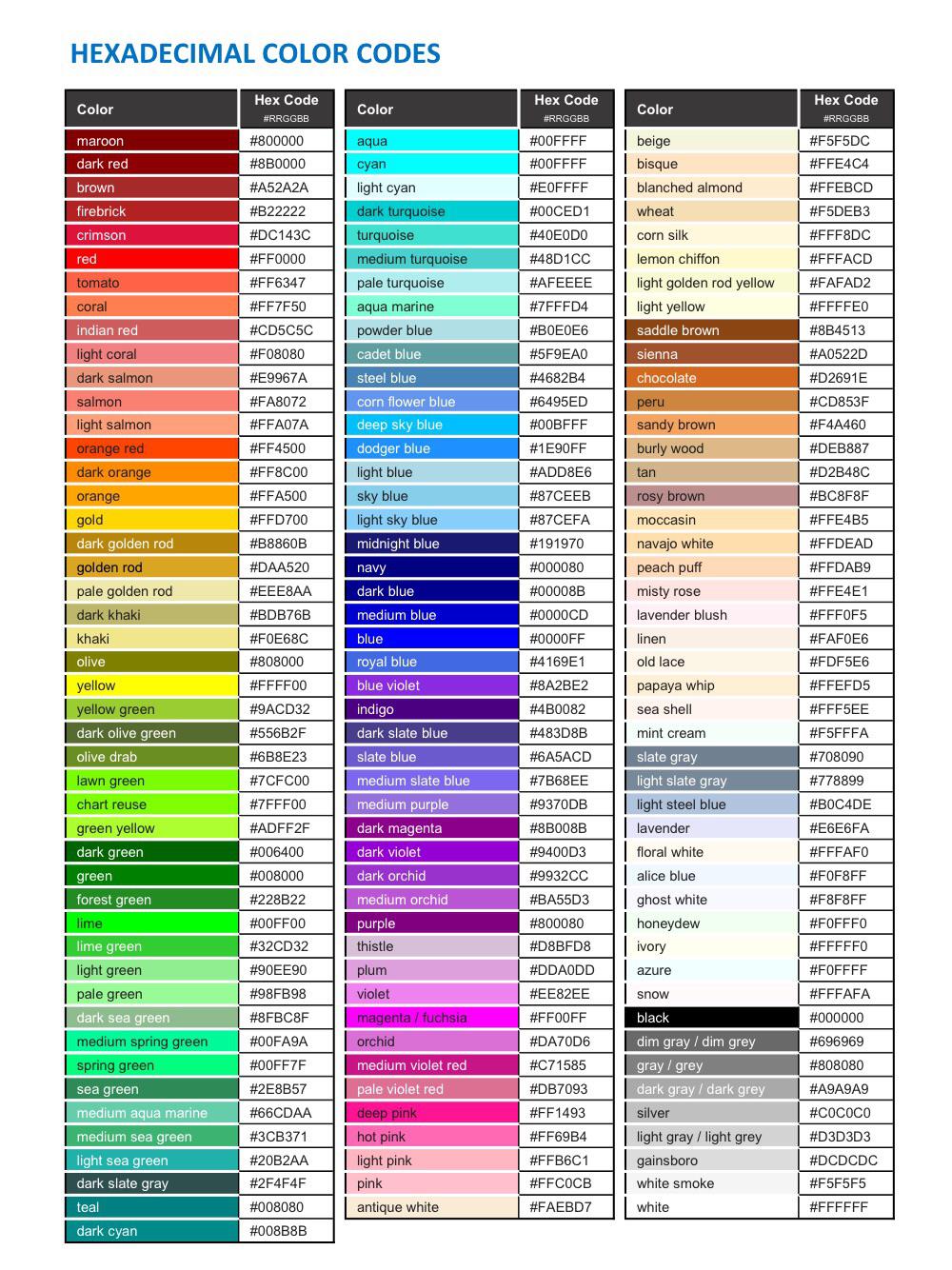 Hexadecimal color code chart with a wide range of colors and their corresponding hex codes.
