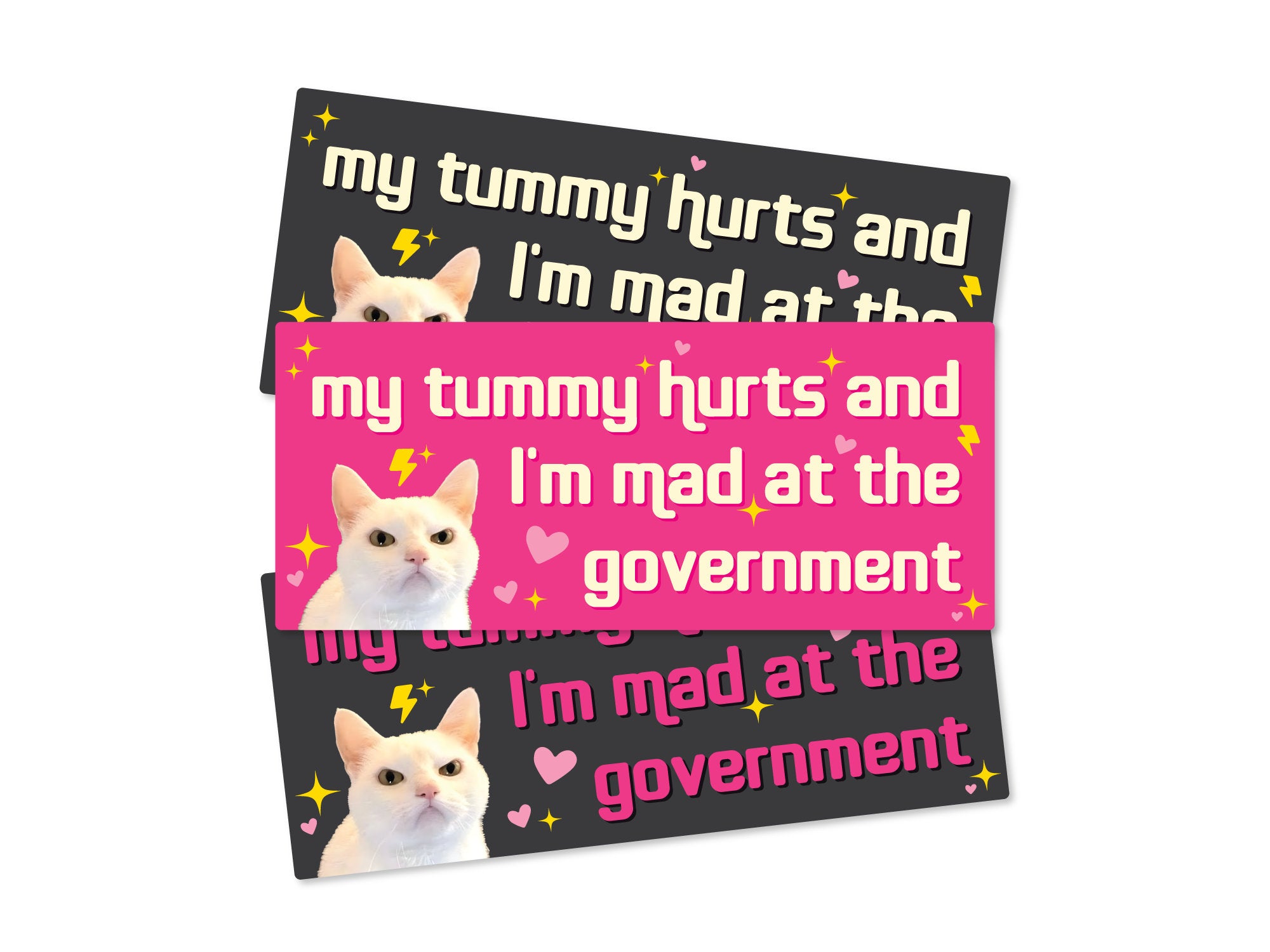 Three rectangular bumper stickers that say “my tummy hurts and I’m mad at the government,” shown in pink and dark gray color options with a serious white cat, hearts, sparkles, and lightning bolts.
