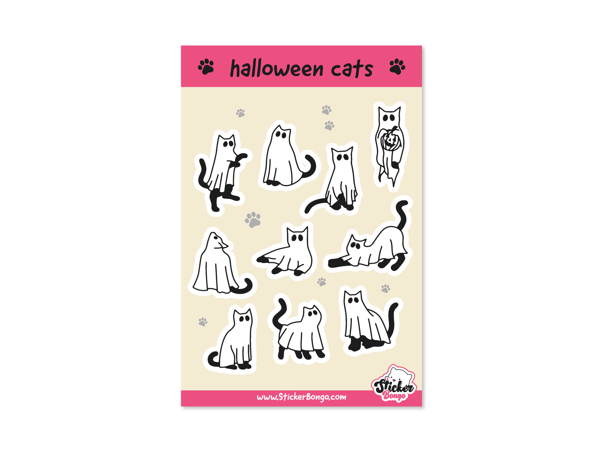 4x6 Halloween sticker sheet with 10 ghost cat vinyl stickers in different poses on a beige background with pink header and footer.