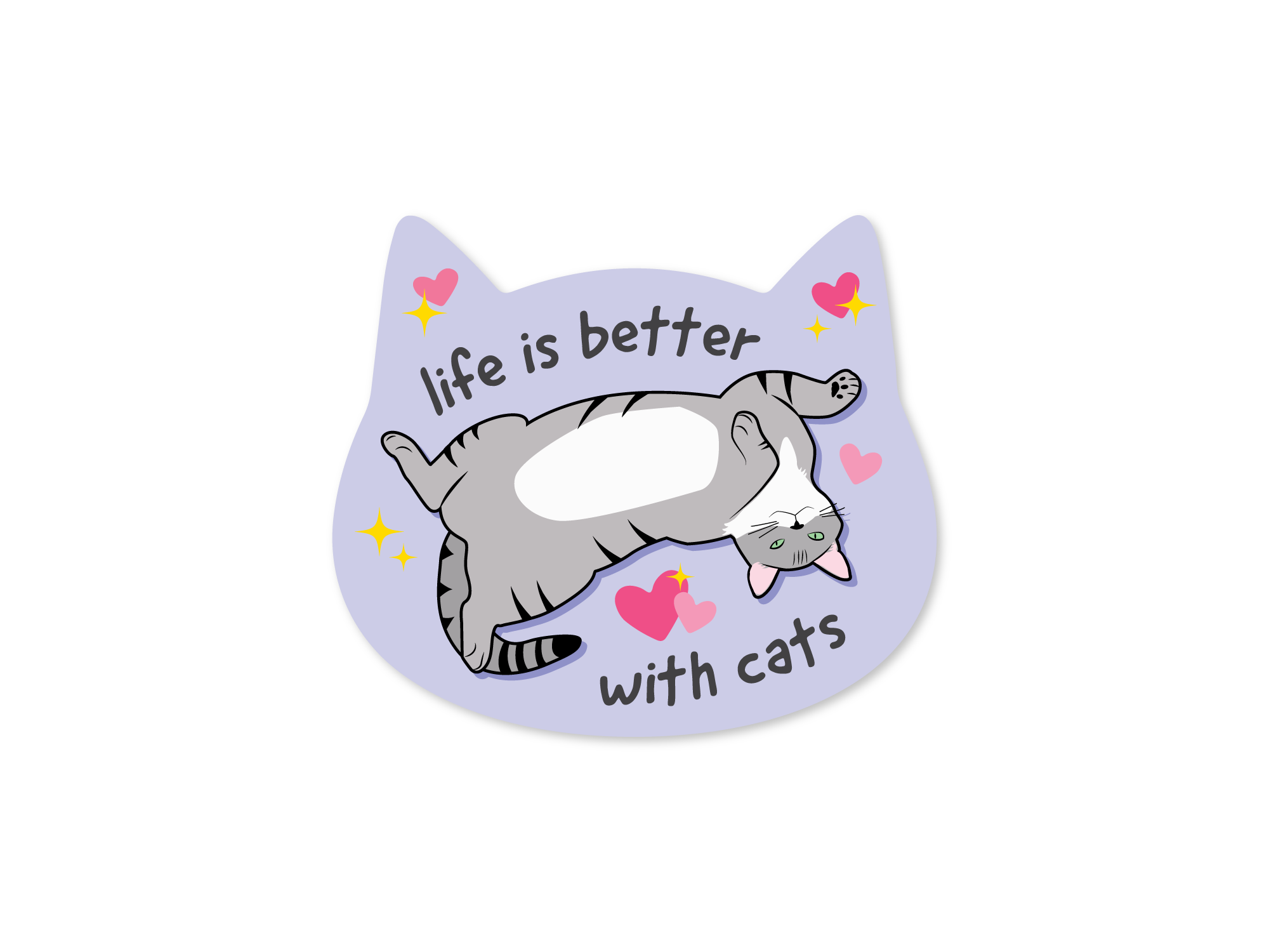 Cat-shaped mask with 'life is better with cats' text on a light purple background