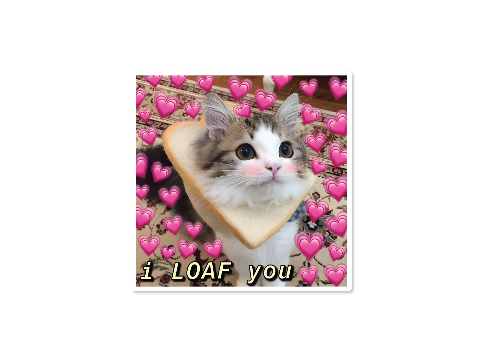 Square vinyl sticker featuring a cute cat wearing a slice of bread surrounded by pink hearts with the phrase “I Loaf You.”
