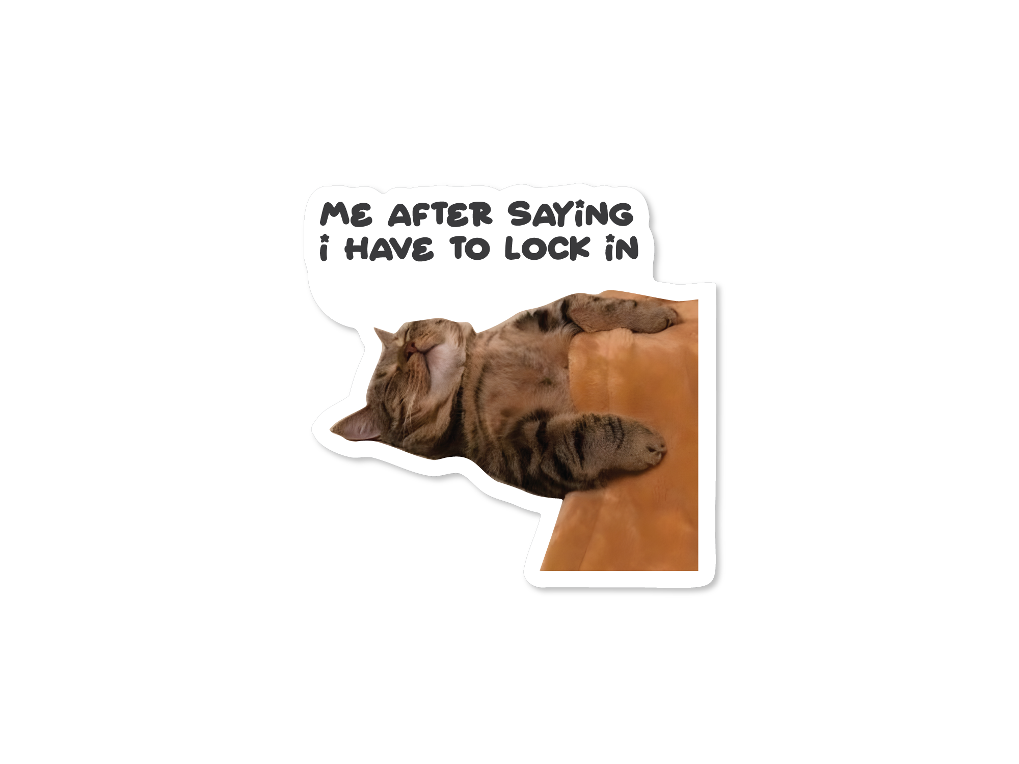 Cat lying on a couch with text 'Me after saying I have to lock in' on a white background
