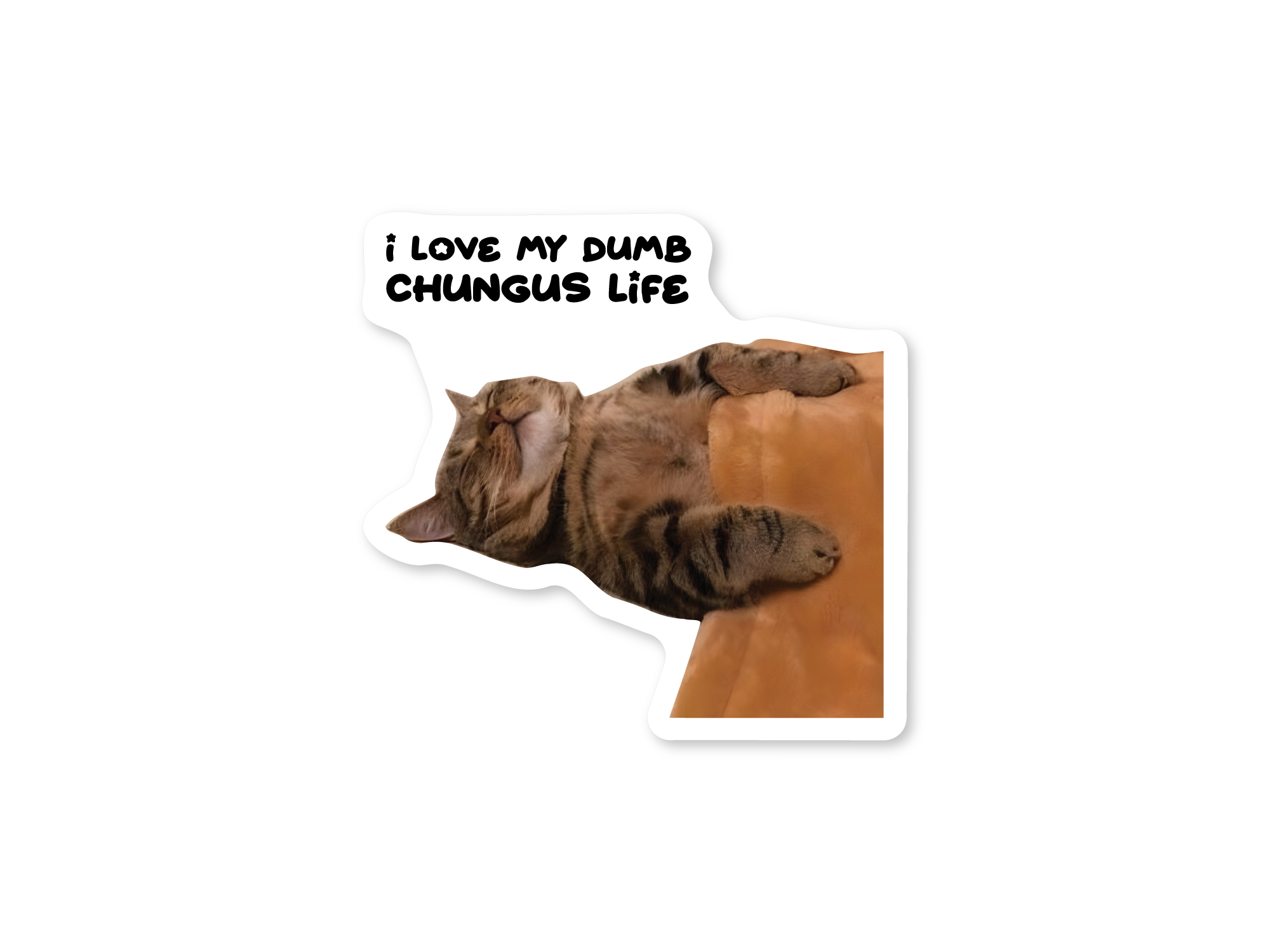 Cat lying on a wooden floor with text 'I love my dumb Chungus life' above it.