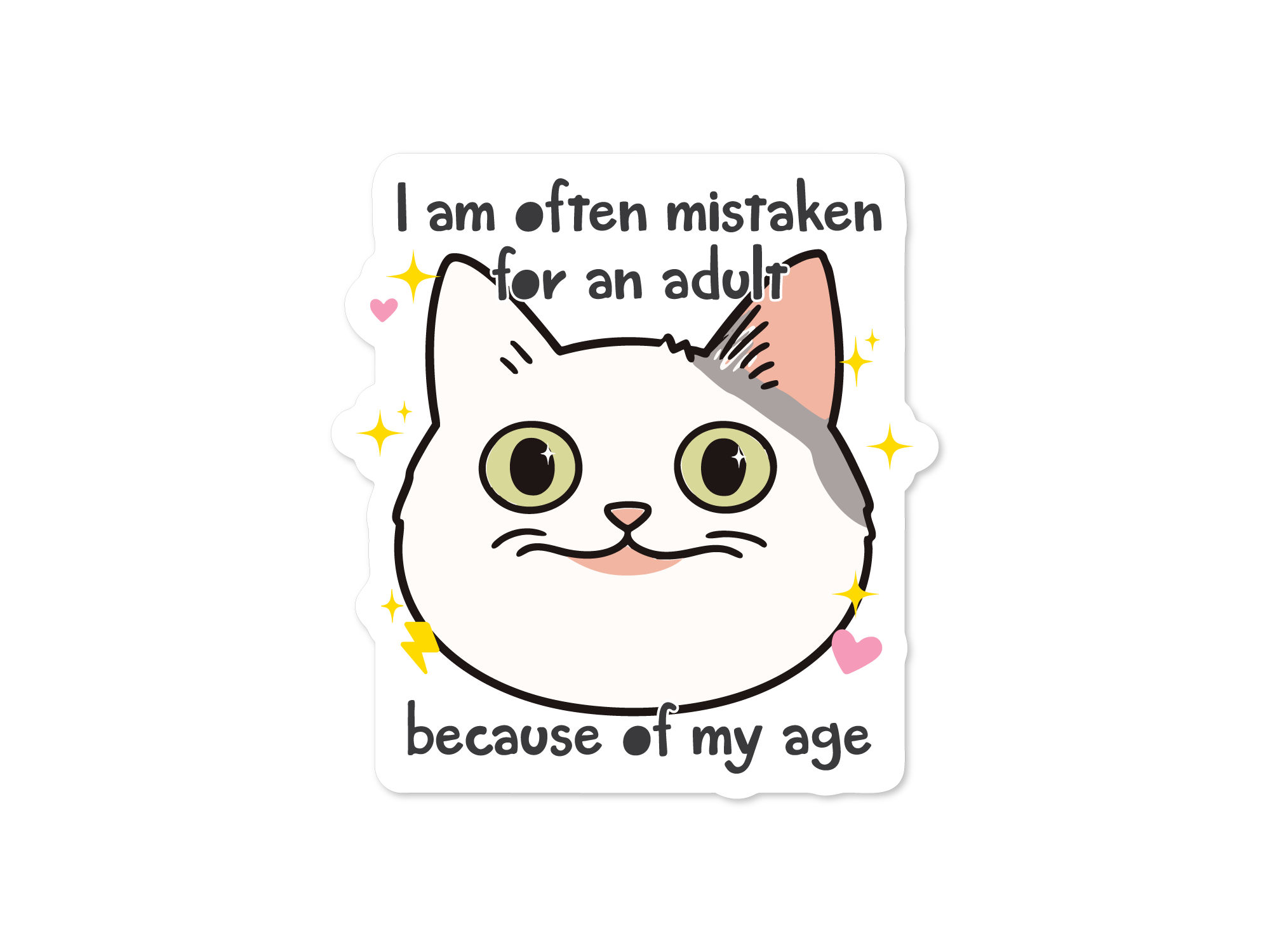 Cartoon cat with text 'I am often mistaken for an adult because of my age' on a white background