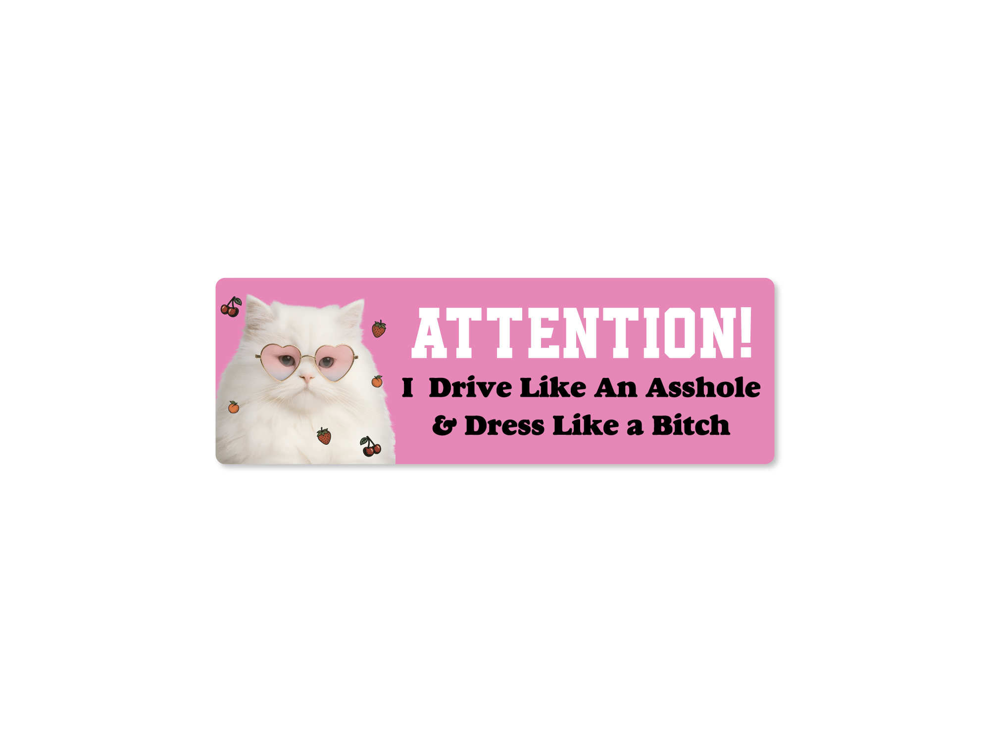Bumper sticker with a cat graphic and text on a pink background