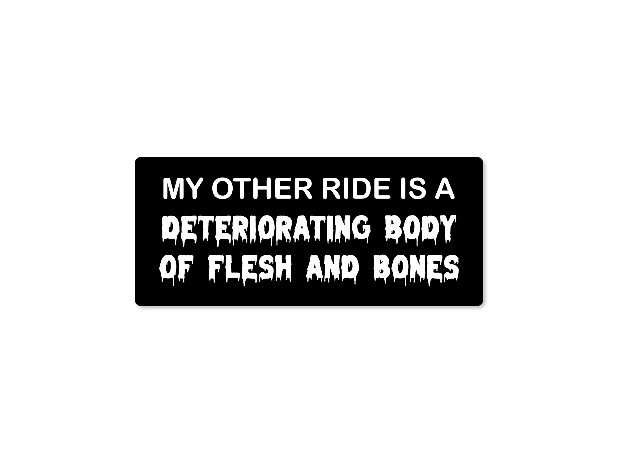 Black rectangular sign with white text on a white background
