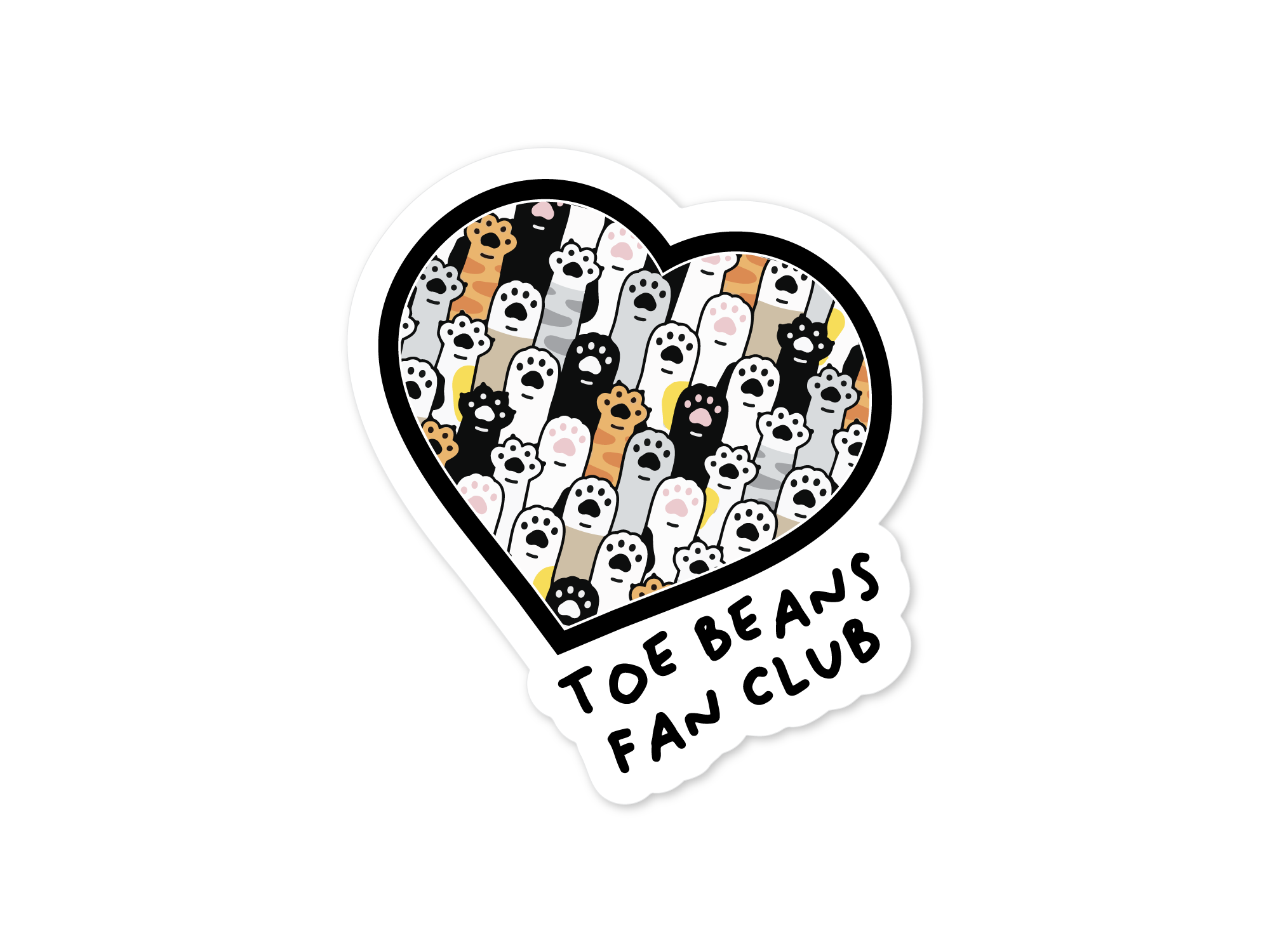 Heart-shaped sticker with cartoon characters and 'Toe Beans Fan Club' text on a white background