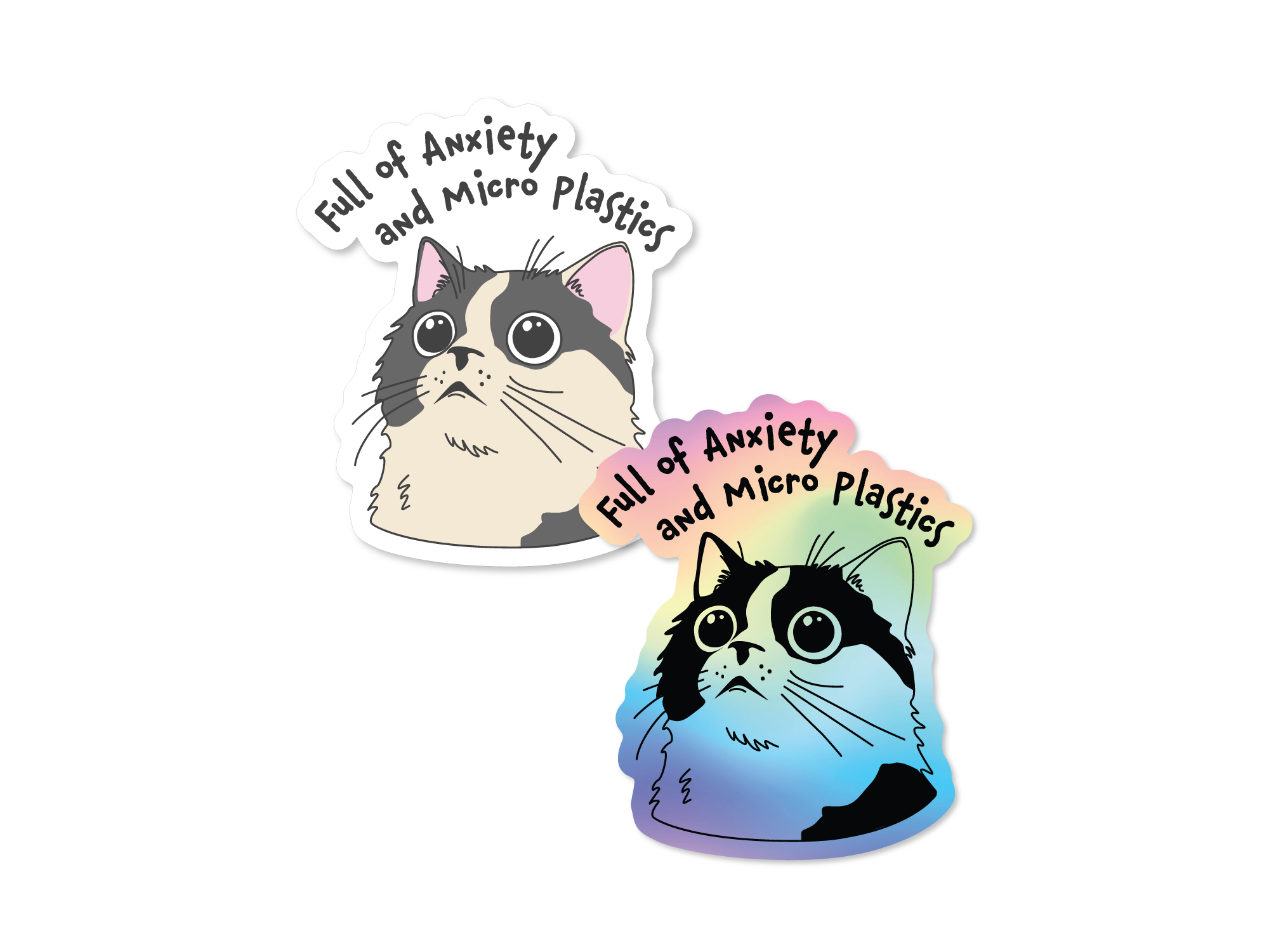 Two cat-themed stickers with text 'Full of Anxiety and Micro Plastics' on a white background.