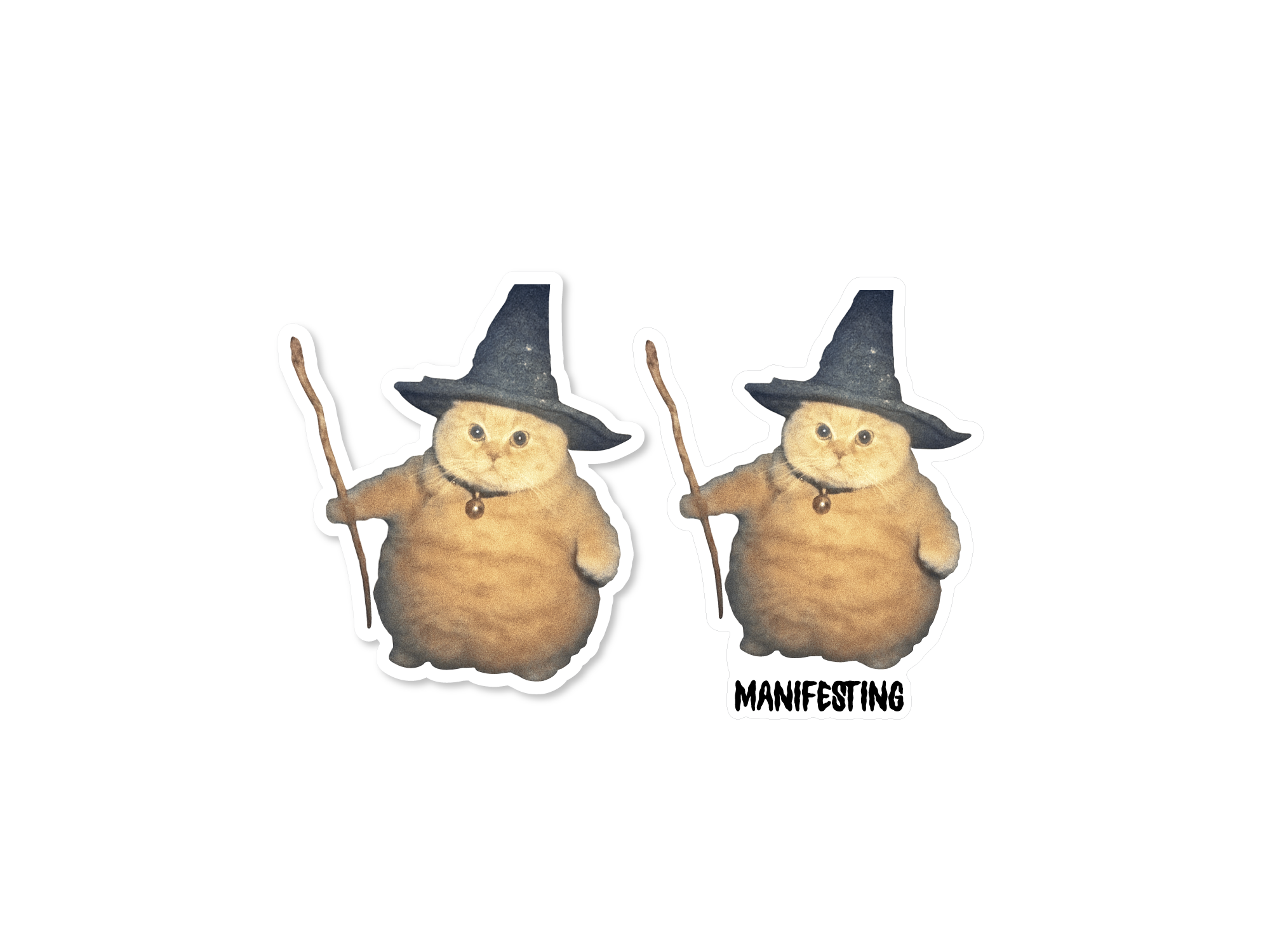 Two wizard cat vinyl sticker options featuring a round orange cat wearing a blue wizard hat and holding a staff, one with “Manifesting” text and one without text.
